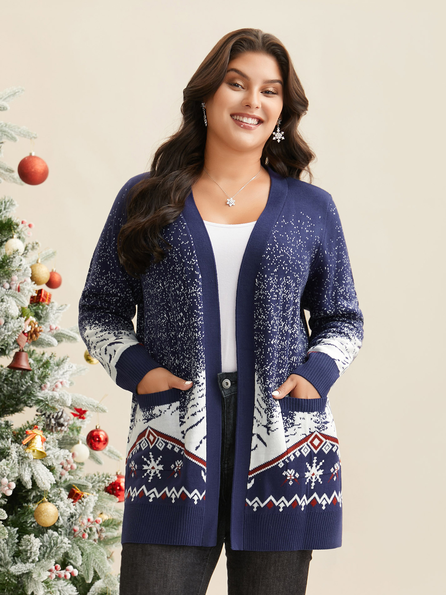 

Plus Size Snowy Trees Print V-neck Open Cardigan Indigo Women Casual Loose Long Sleeve Everyday Cardigans BloomChic