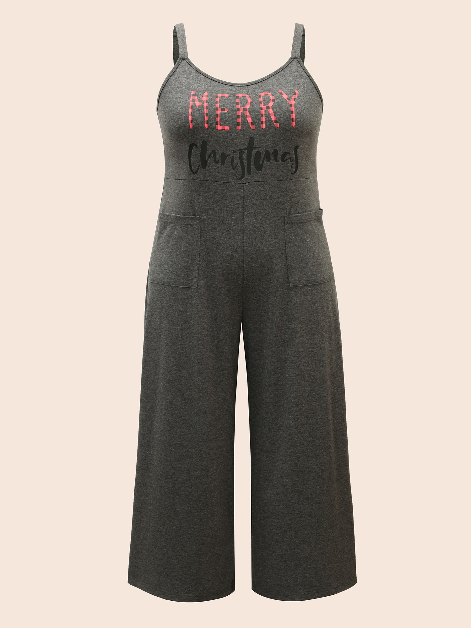 

Plus Size Festive Slogan Cami Wide-Leg Jumpsuit DimGray Patch pocket Non Everyday Casual Sleep Jumpsuits/Rompers  Bloomchic