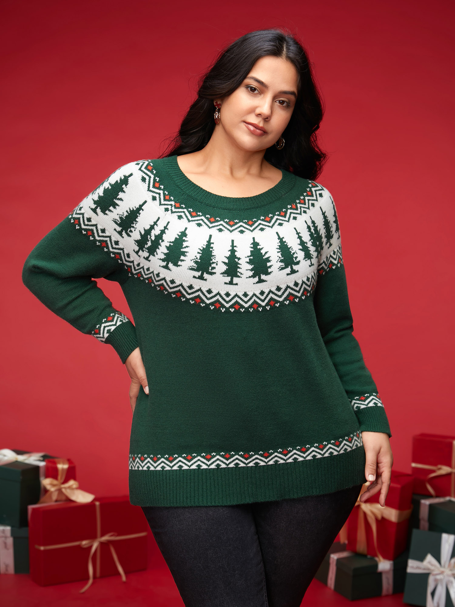 

Plus Size Supersoft Essentials Festive Knit Pullover DarkGreen Women Casual Loose Long Sleeve Round Neck Everyday Pullovers BloomChic