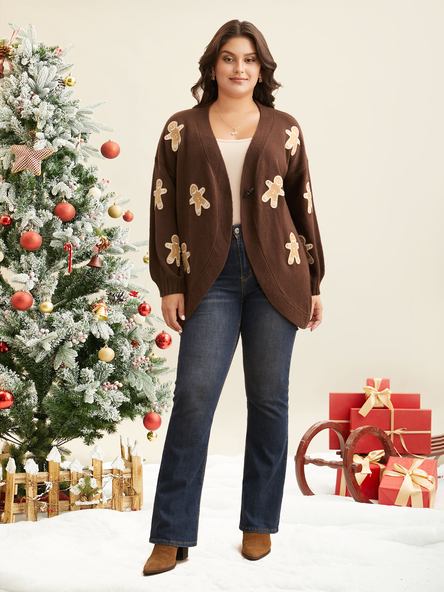 

Plus Size Gingerbread Motifs Arc Hem Button-Front Cardigan DarkBrown Women Casual Loose Long Sleeve Everyday Cardigans BloomChic