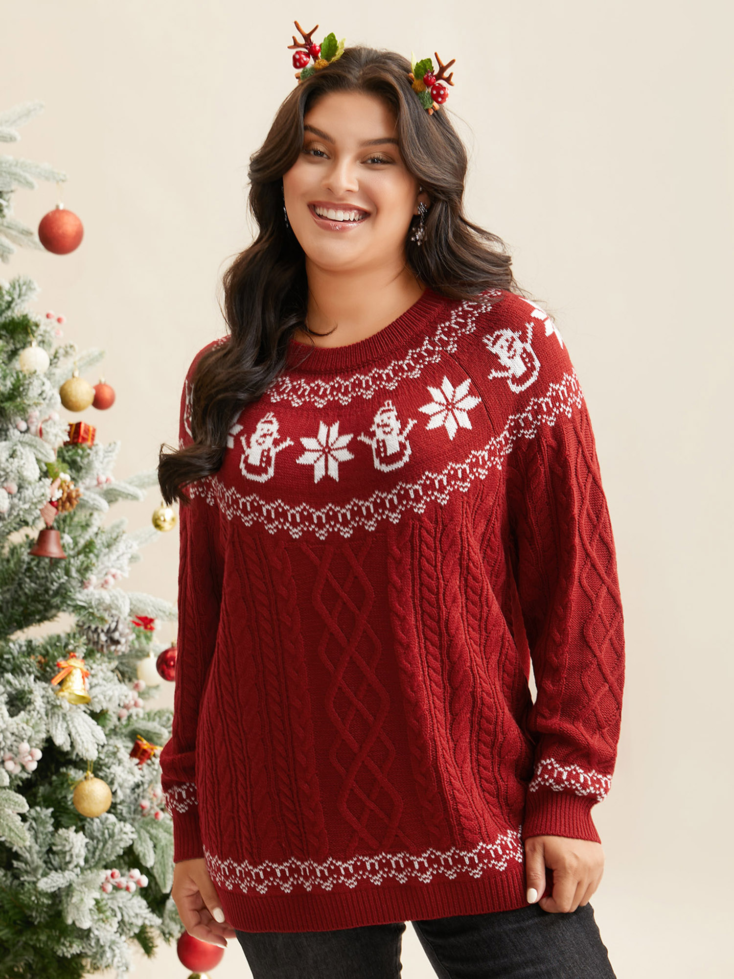 

Plus Size Snowman Printed Cable Knit Pullover Scarlet Women Casual Loose Long Sleeve Round Neck Everyday Pullovers BloomChic