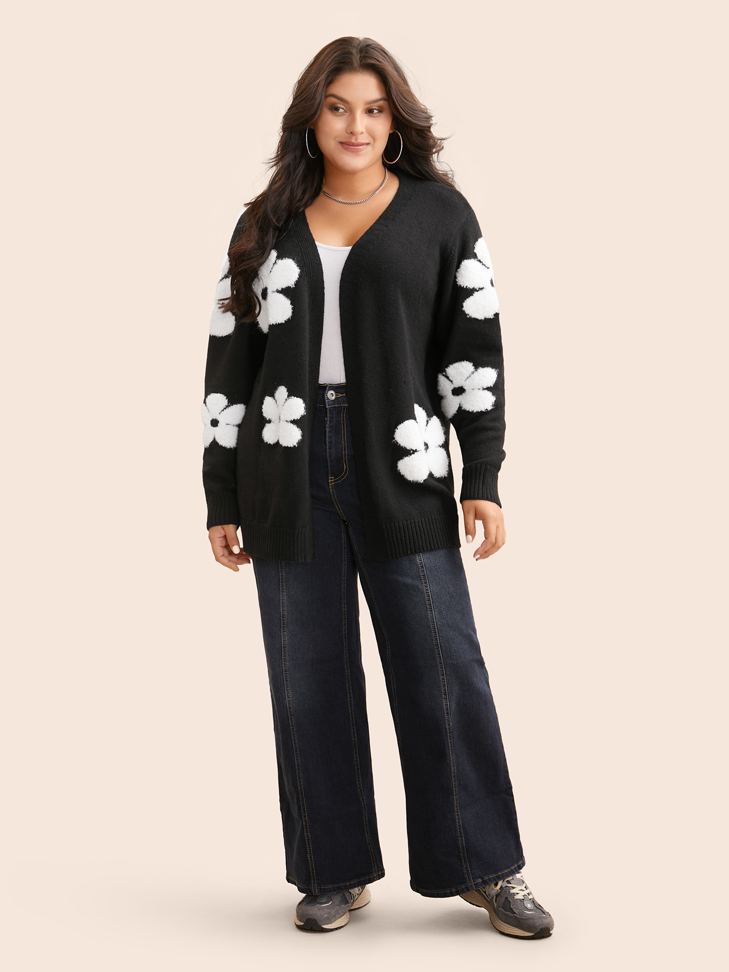 

Plus Size Floral Jacquard Drop Shoulder Sleeve Cardigan Black Women Casual Loose Long Sleeve Everyday Cardigans BloomChic