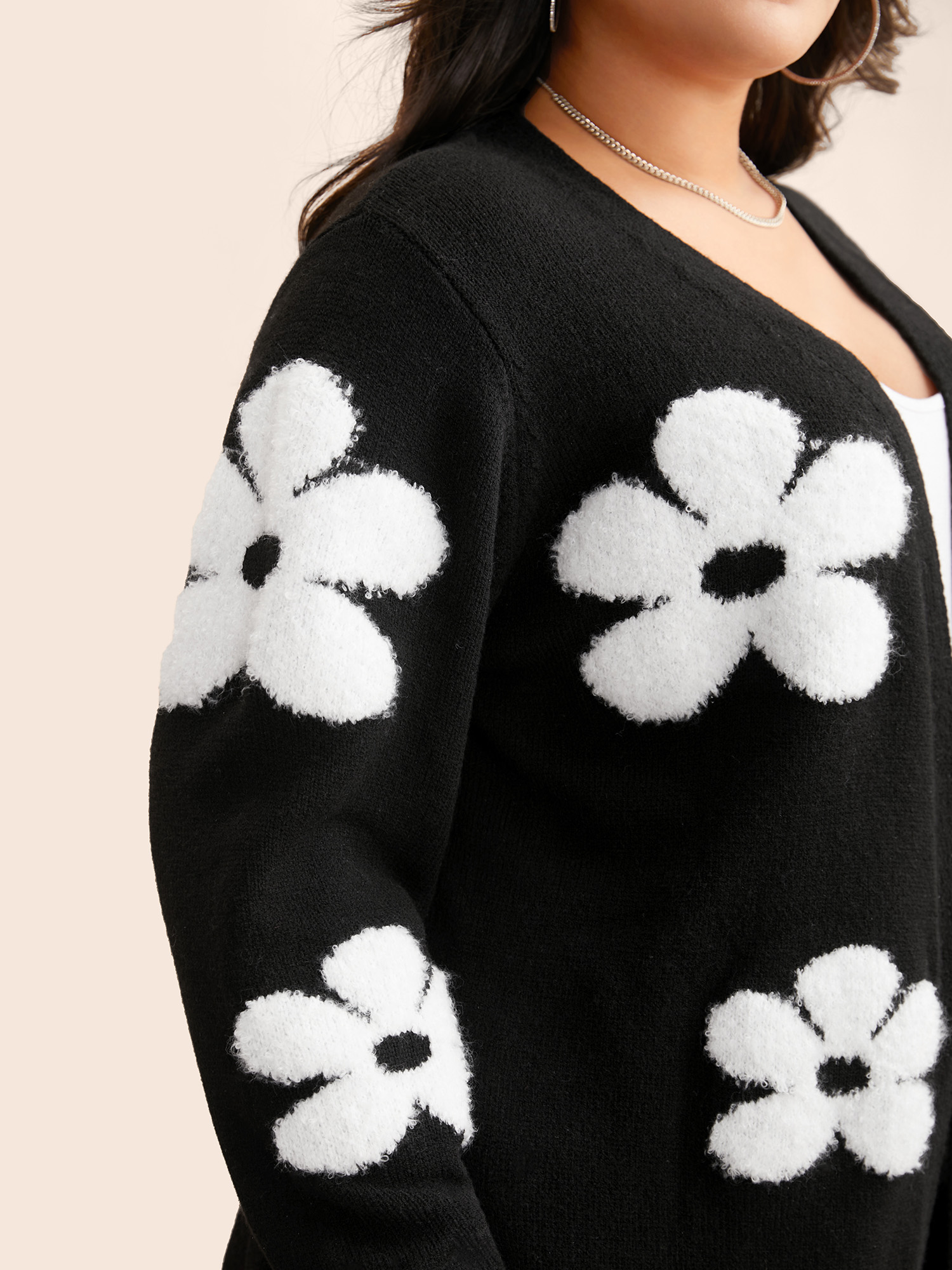 Plus Size Floral Jacquard Drop Shoulder Sleeve Cardigan Black Women Casual Loose Long Sleeve Everyday Cardigans BloomChic 18-20/2X 