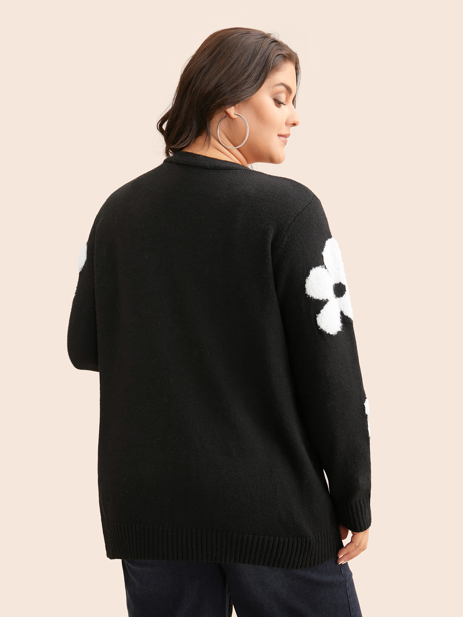 Plus Size Floral Jacquard Drop Shoulder Sleeve Cardigan Black Women Casual Loose Long Sleeve Everyday Cardigans BloomChic 18-20/2X 