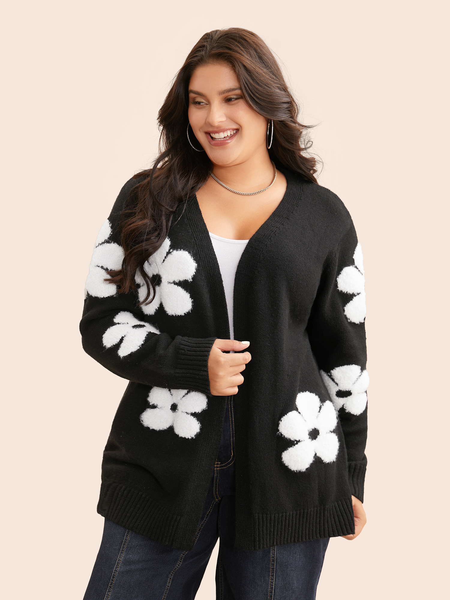 Plus Size Floral Jacquard Drop Shoulder Sleeve Cardigan Black Women Casual Loose Long Sleeve Everyday Cardigans BloomChic 18-20/2X 