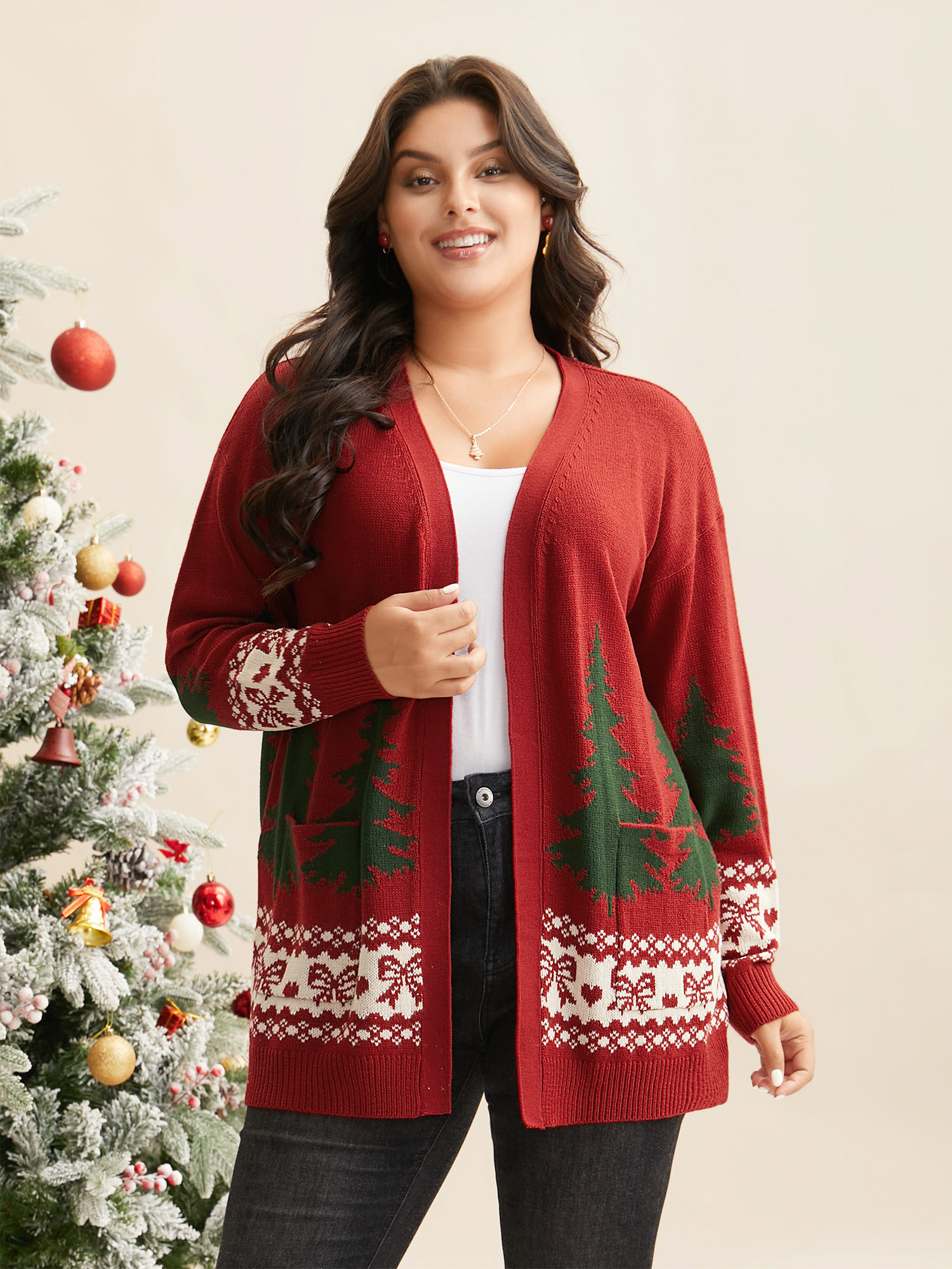 

Plus Size Festive Trees Pattern Open Cardigan Scarlet Women Casual Loose Long Sleeve Everyday Cardigans BloomChic