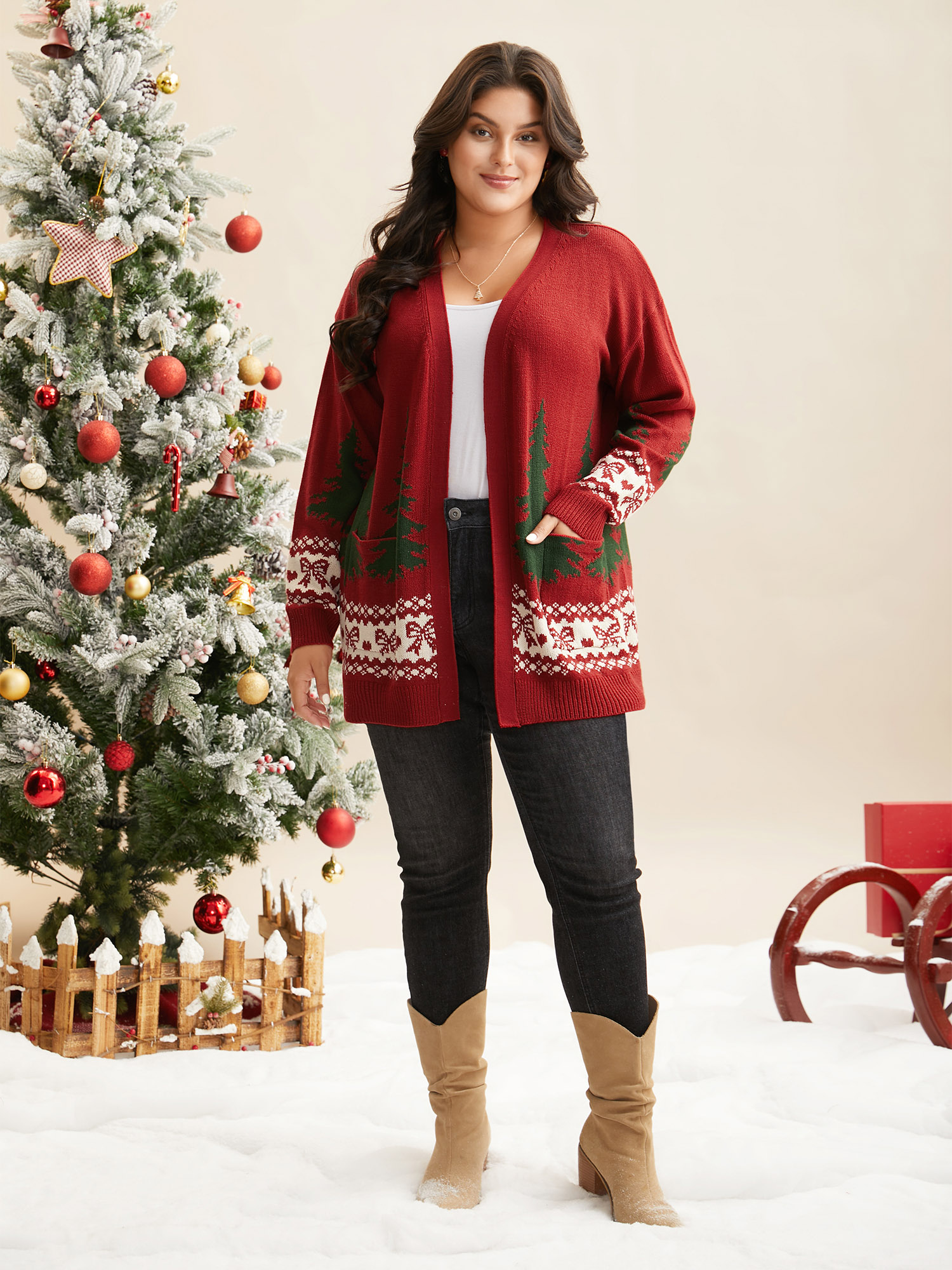 

Plus Size Festive Trees Pattern Open Cardigan Scarlet Women Casual Loose Long Sleeve Everyday Cardigans BloomChic