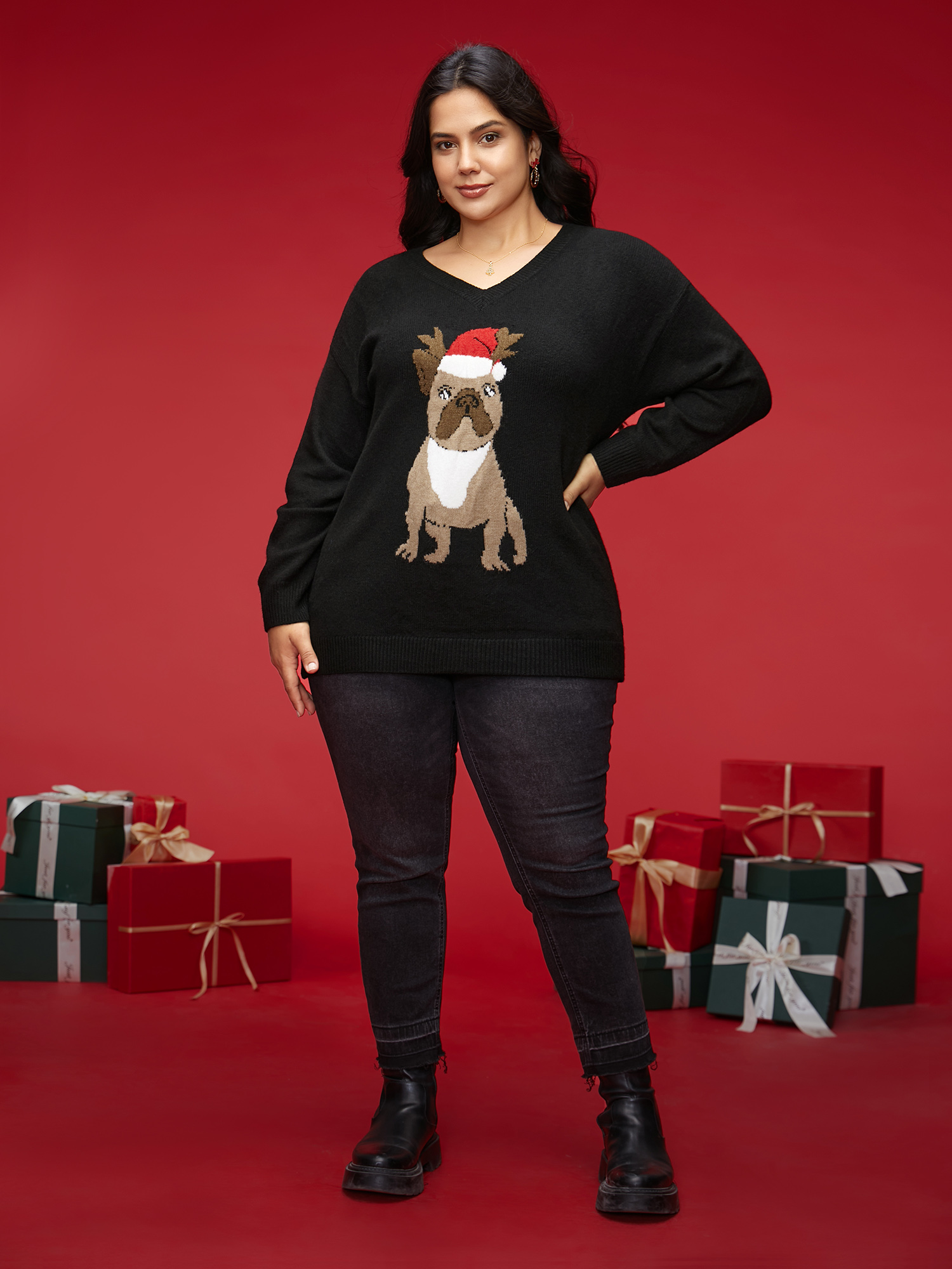 

Plus Size Holidazzled Dog Motif Furry V-neck Pullover Black Women Casual Loose Long Sleeve V-neck Everyday Pullovers BloomChic