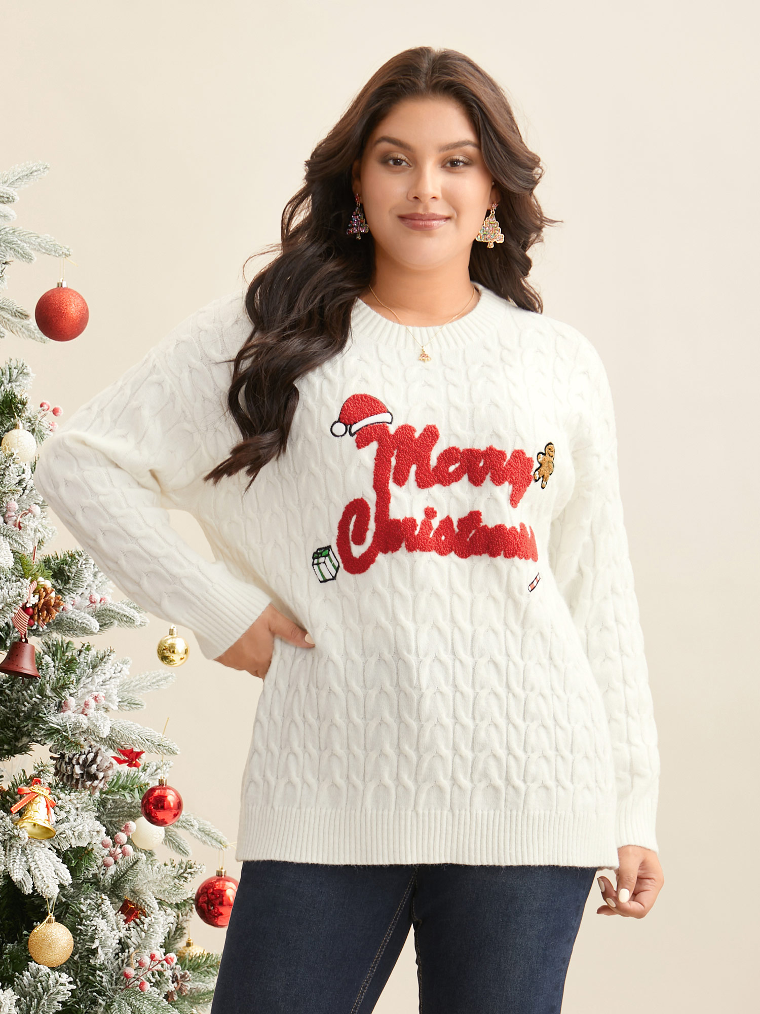 

Plus Size Supersoft Essentials Holiday-inspired Slogan Embroidered Cable Knit Pullover Ivory Women Casual Loose Long Sleeve Round Neck Everyday Pullovers BloomChic