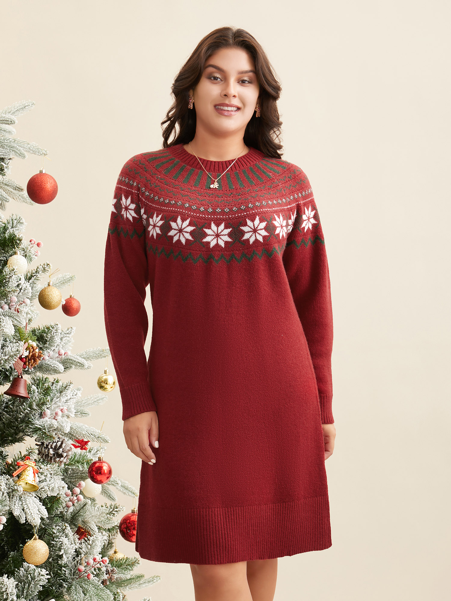 

Plus Size Fair Isle Geometric Midi Sweater Dress Scarlet Women Casual Loose Long Sleeve Everyday Sweater Dresses BloomChic