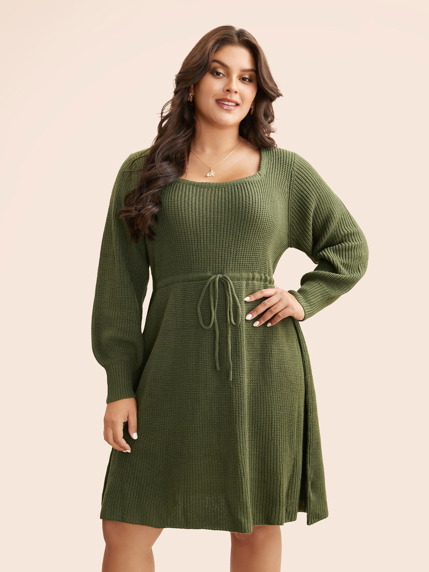 

Plus Size Square Neckline Waist-Tie Midi Sweater Dress ArmyGreen Women Casual Bodycon Long Sleeve Everyday Sweater Dresses BloomChic