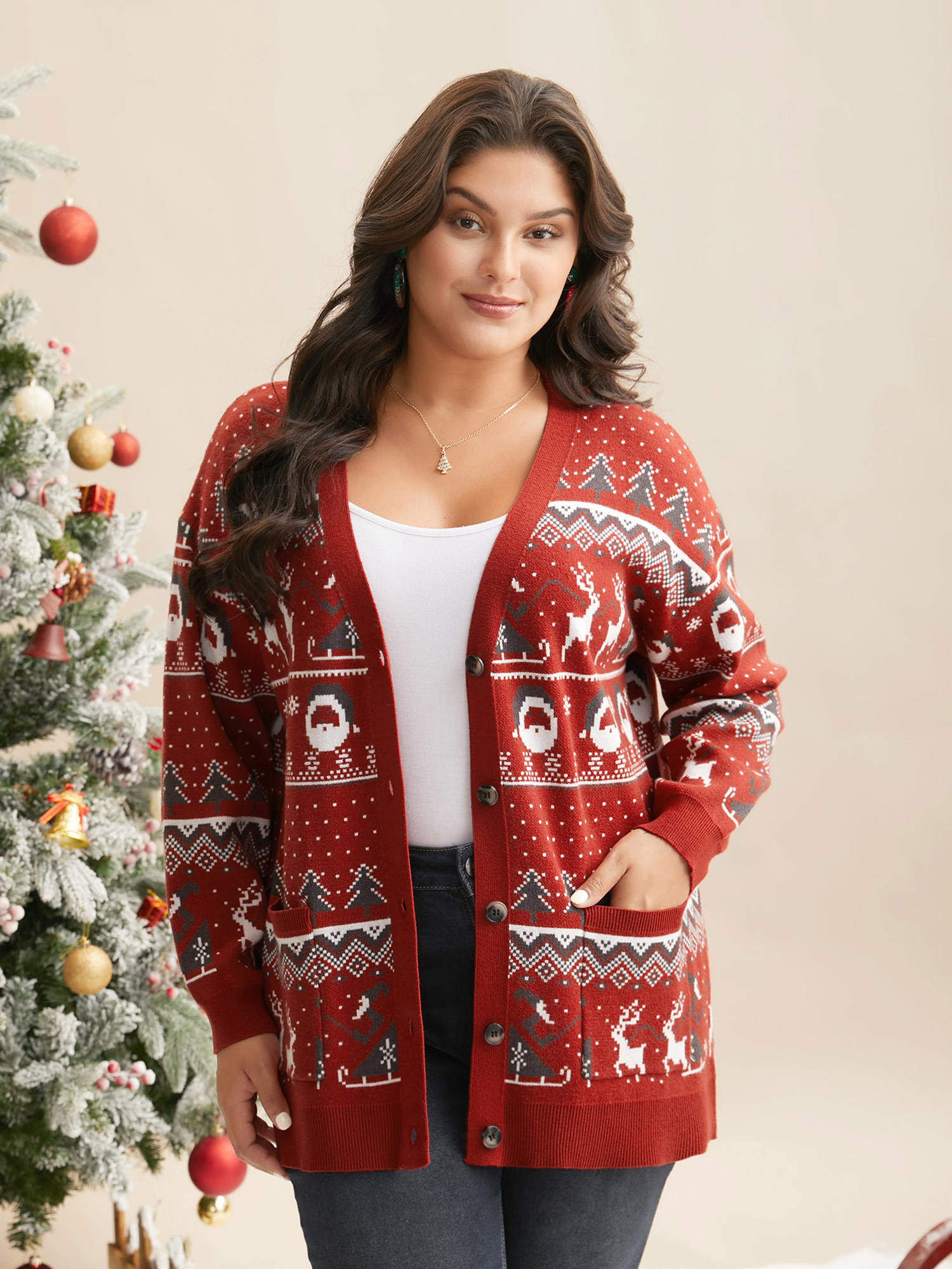 

Plus Size Supersoft Essentials Home-for-Holidays Button-Front Cardigan Brightred Women Elegant Loose Long Sleeve Everyday Cardigans BloomChic