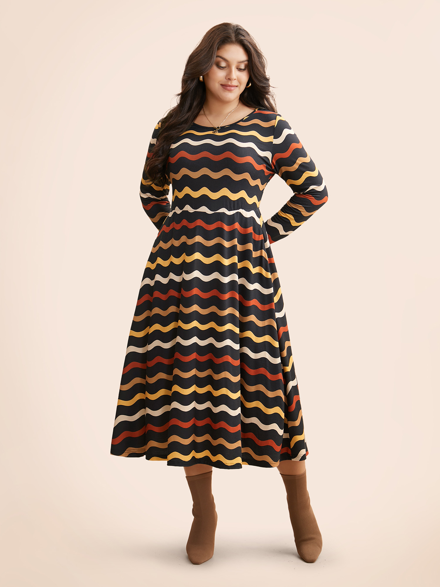 

Plus Size Round Neck Contrast Striped Midi Dress BlackFlower Women Elegant Contrast Round Neck Long Sleeve Curvy BloomChic