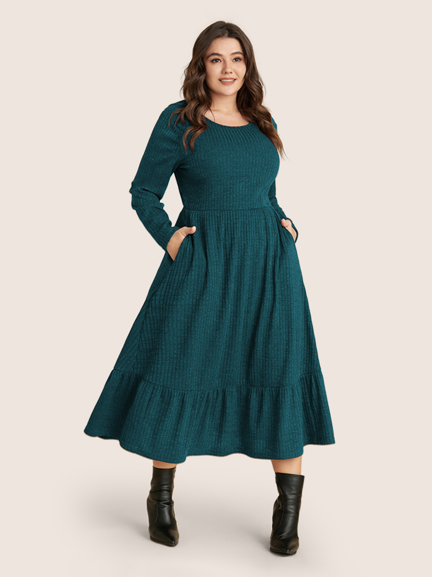 

Plus Size Solid Pocket Rib Knit Ruffle Hem Dress Without Belt Aegean Women Basics Non Round Neck Long Sleeve Curvy Midi Dress BloomChic