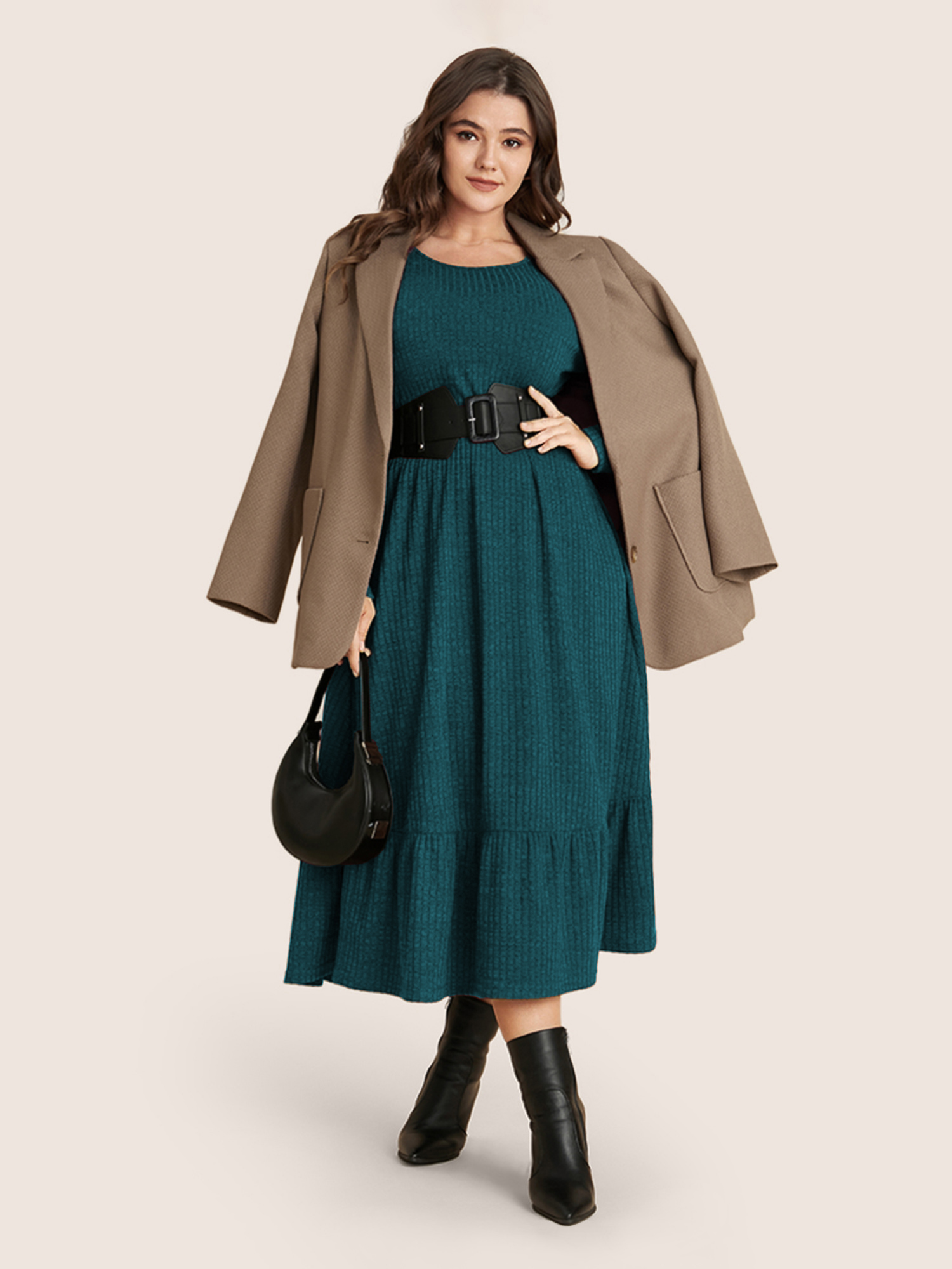 

Plus Size Solid Pocket Rib Knit Ruffle Hem Dress Without Belt Aegean Women Basics Non Round Neck Long Sleeve Curvy Midi Dress BloomChic