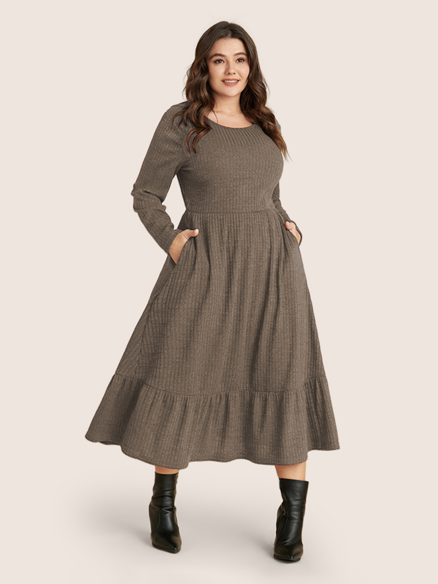 

Plus Size Solid Pocket Rib Knit Ruffle Hem Dress Without Belt Bronze Women Basics Non Round Neck Long Sleeve Curvy Midi Dress BloomChic