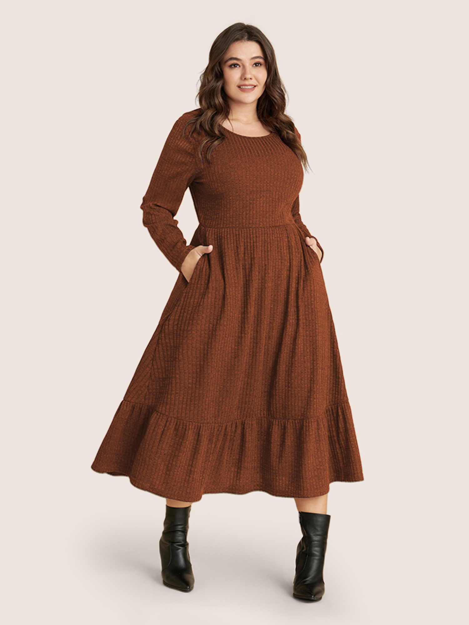 

Plus Size Solid Pocket Rib Knit Ruffle Hem Dress Without Belt Coral Women Basics Non Round Neck Long Sleeve Curvy Midi Dress BloomChic