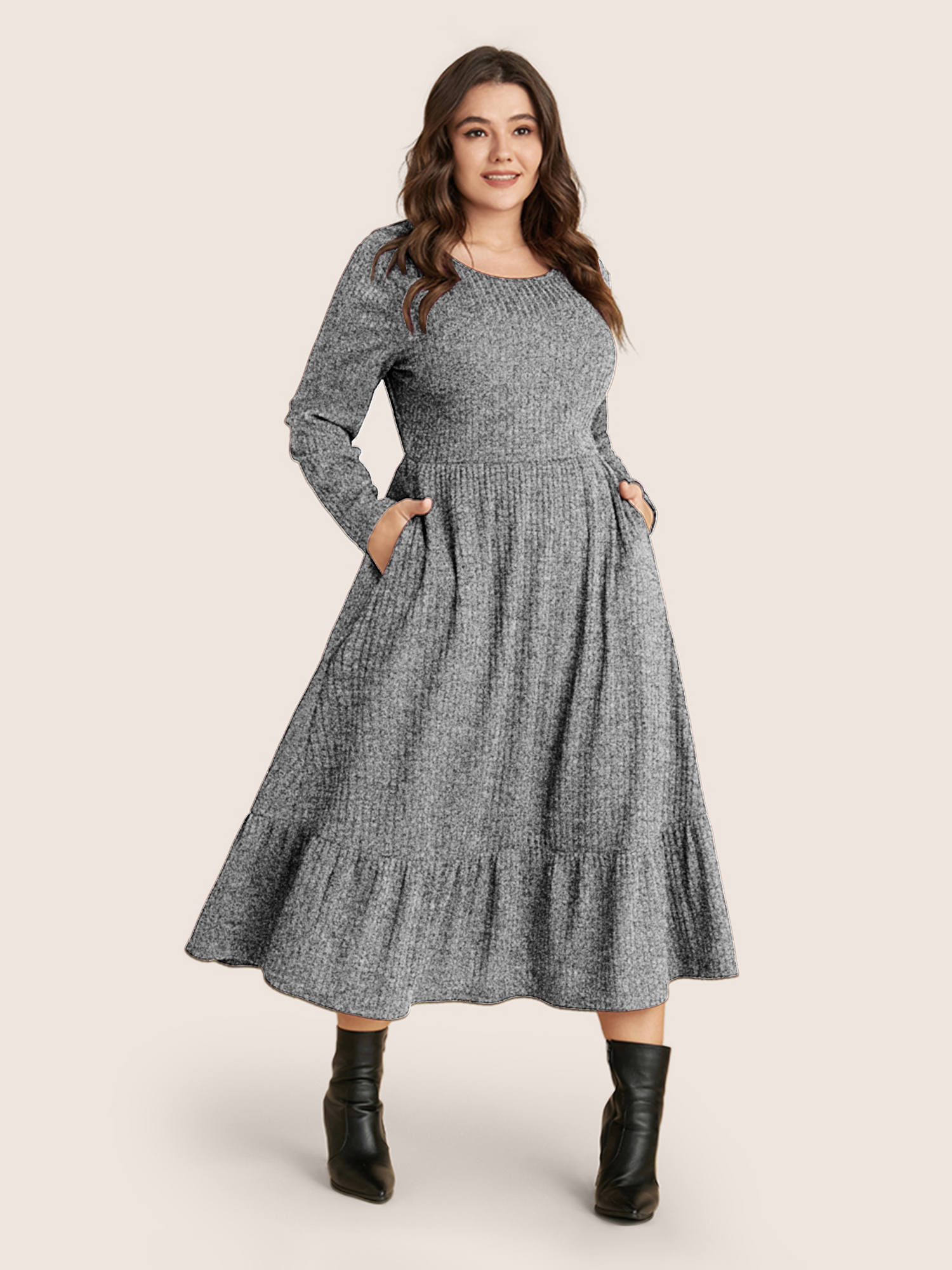 

Plus Size Solid Pocket Rib Knit Ruffle Hem Dress Without Belt Mediumgray Women Basics Non Round Neck Long Sleeve Curvy Midi Dress BloomChic