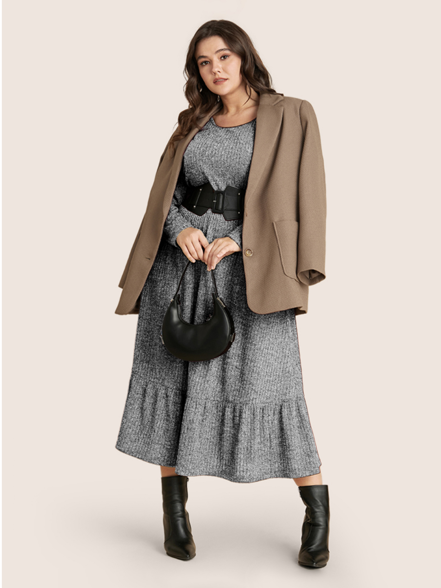 

Plus Size Solid Pocket Rib Knit Ruffle Hem Dress Without Belt Mediumgray Women Basics Non Round Neck Long Sleeve Curvy Midi Dress BloomChic