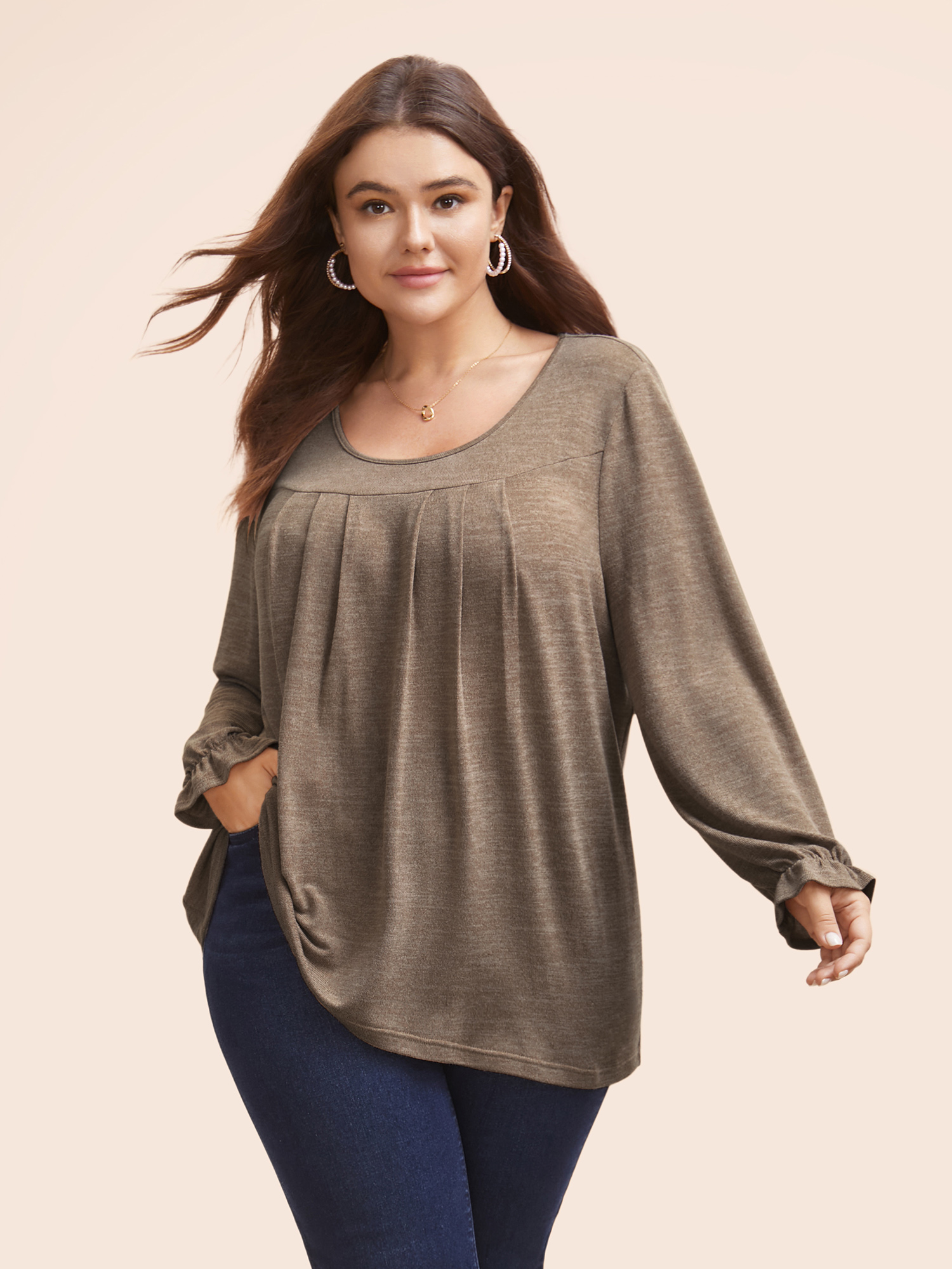 

Plus Size Round Neck Heather Pleated T-shirt DarkBrown Women Elegant Pleated Round Neck Loose Everyday T-shirts BloomChic