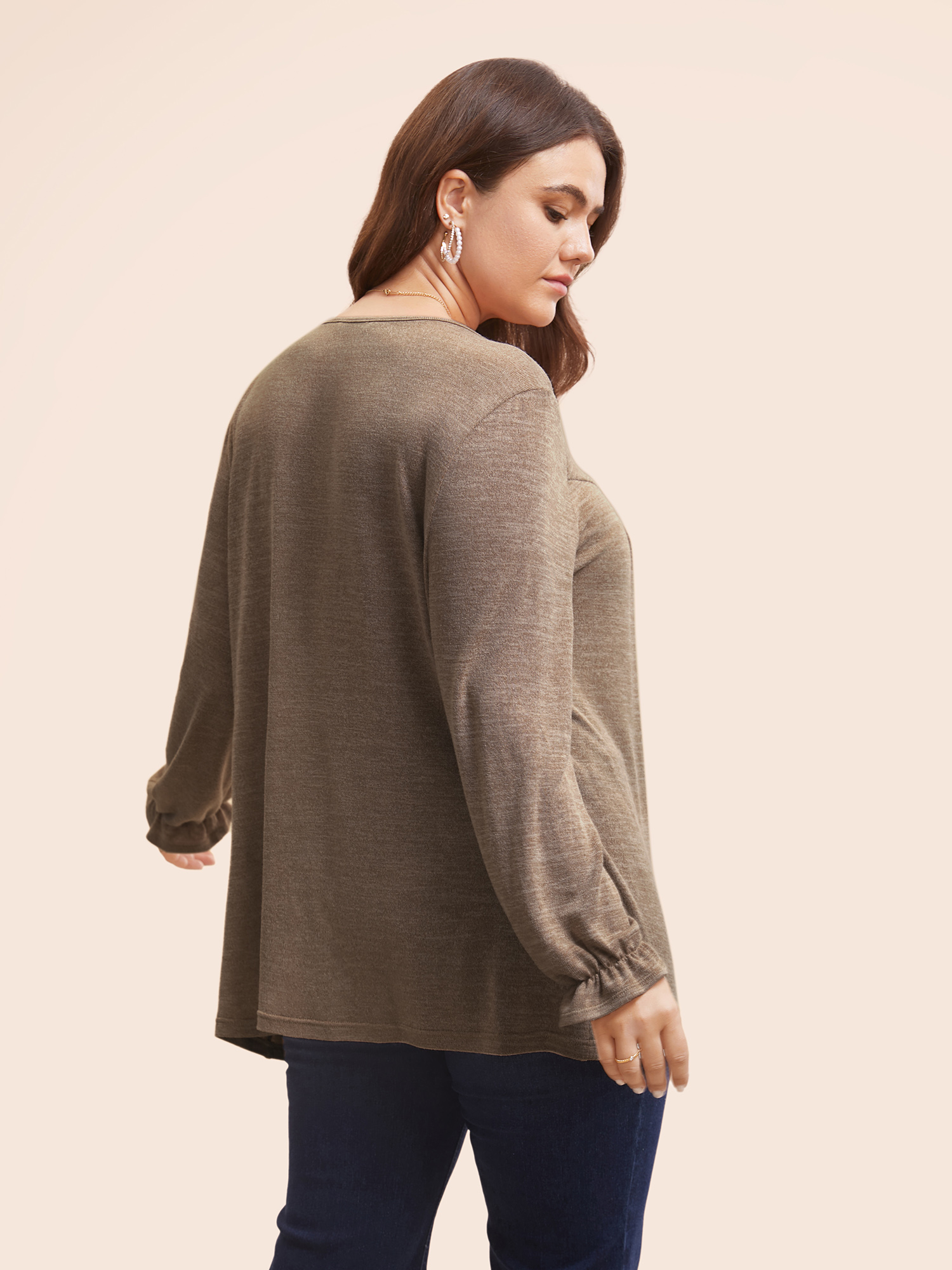 

Plus Size Round Neck Heather Pleated T-shirt DarkBrown Women Elegant Pleated Round Neck Loose Everyday T-shirts BloomChic