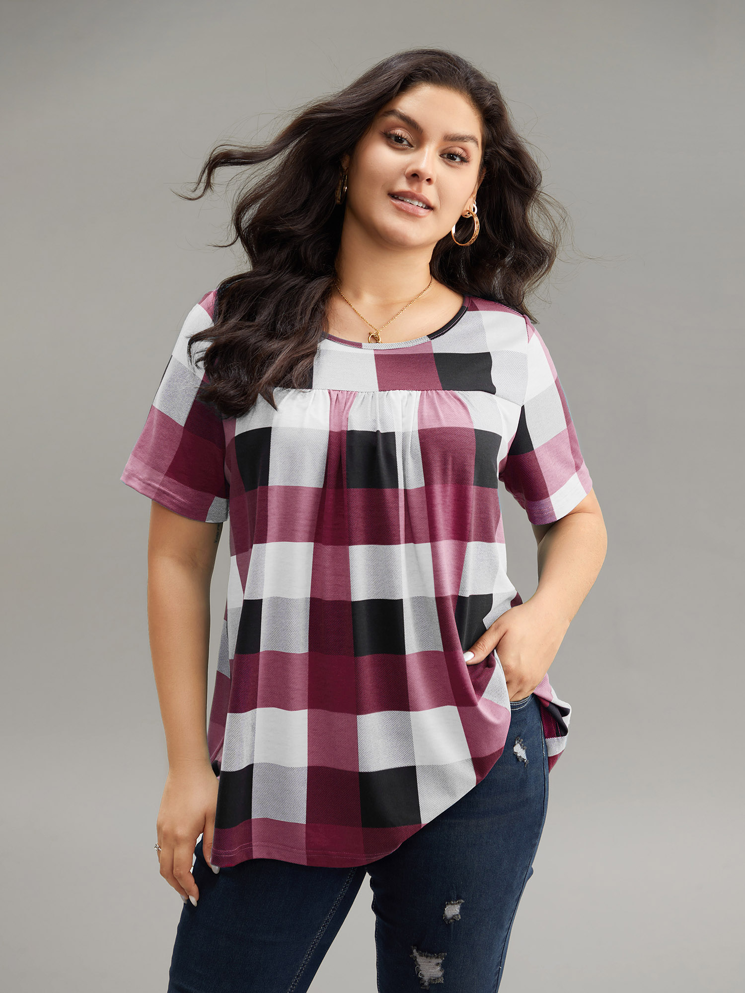 

Plus Size Plaid Round Neck Gathered T-shirt RedViolet Women Casual Gathered Plaid Round Neck Everyday T-shirts BloomChic