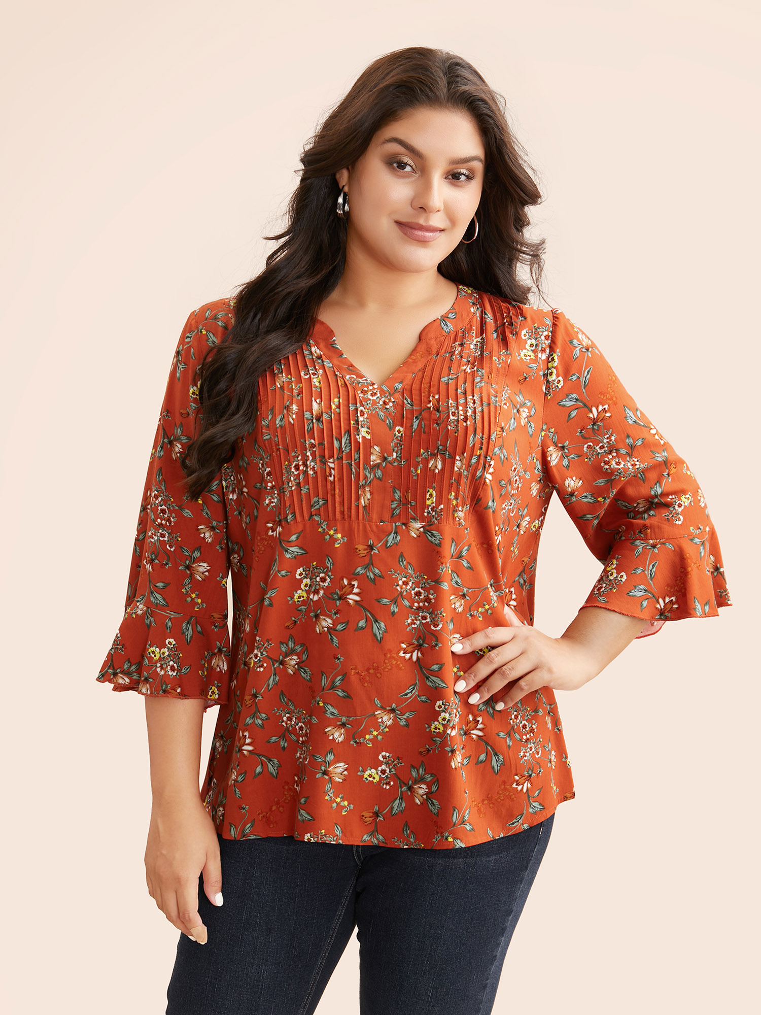 

Plus Size OrangeRed Ditsy Floral Pleated Flutter Sleeve Blouse Women Elegant Elbow-length sleeve Flat collar with V-notch Everyday Blouses BloomChic