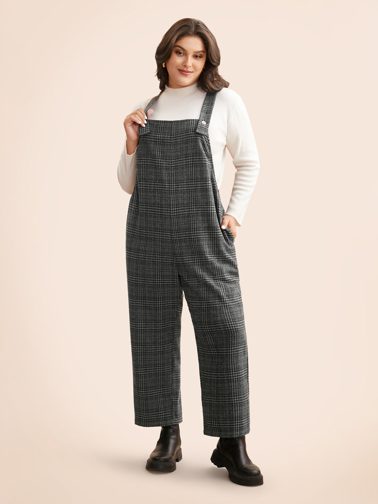 

Plus Size DimGray Plaid Adjustable Straps Pocket Jumpsuit Women Elegant Sleeveless Non Everyday Loose Jumpsuits BloomChic