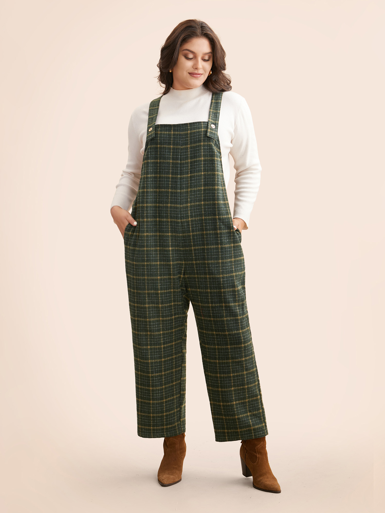 

Plus Size ArmyGreen Plaid Adjustable Straps Pocket Jumpsuit Women Elegant Sleeveless Non Everyday Loose Jumpsuits BloomChic