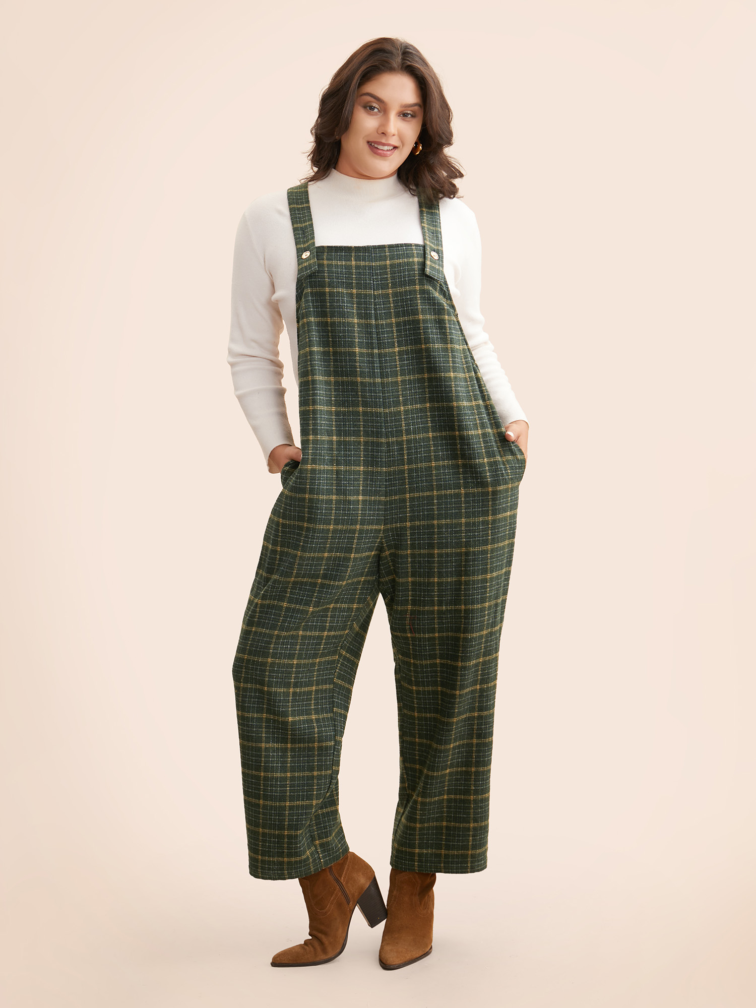 

Plus Size ArmyGreen Plaid Adjustable Straps Pocket Jumpsuit Women Elegant Sleeveless Non Everyday Loose Jumpsuits BloomChic