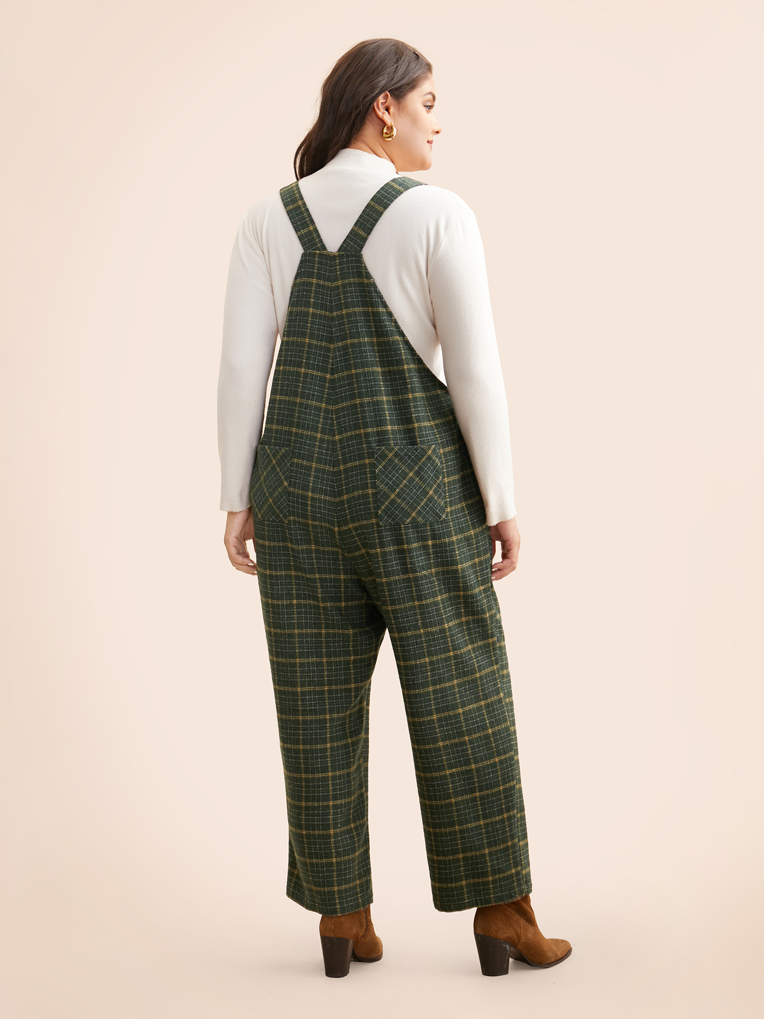 Plus Size ArmyGreen Plaid Adjustable Straps Pocket Jumpsuit Women Elegant Sleeveless Non Everyday Loose Jumpsuits BloomChic 22-24/3X 
