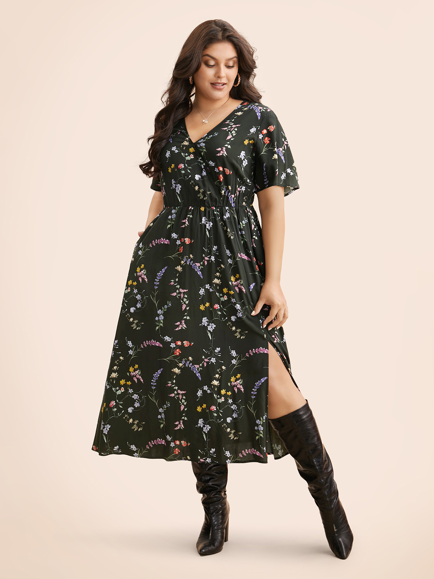 

Plus Size Floral Wrap Ruffle Sleeve Dress DarkGreen Women Elegant Slit Overlap Collar Short sleeve Curvy BloomChic