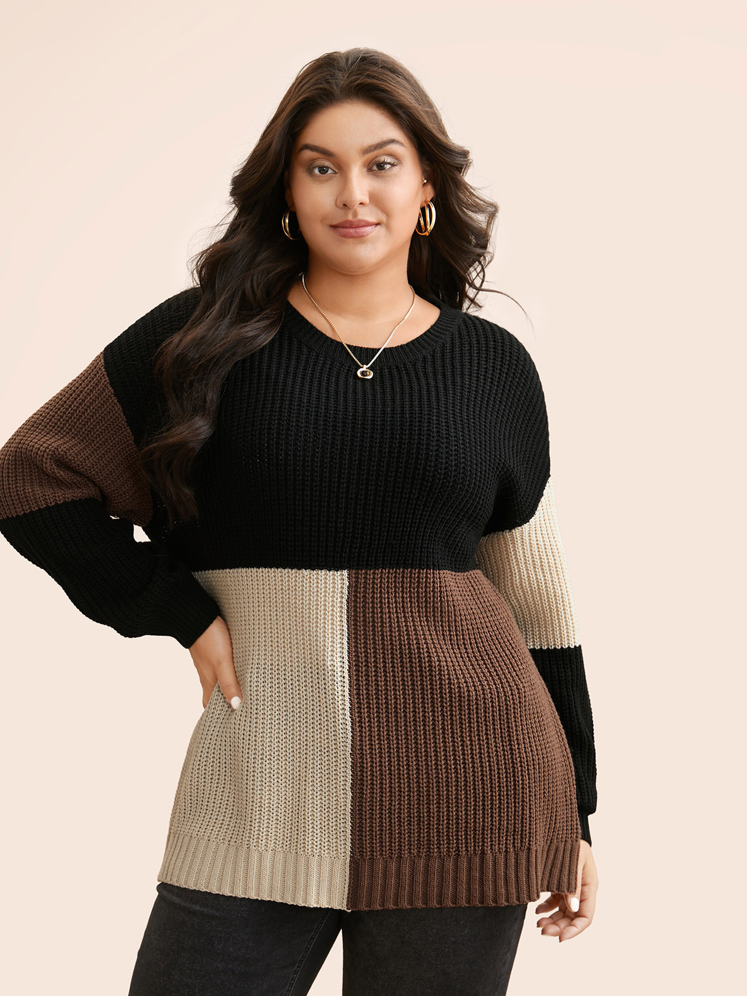 

Plus Size Colorblock Contrast Drop Shoulder Pullover Black Women Casual Loose Long Sleeve Round Neck Everyday Pullovers BloomChic