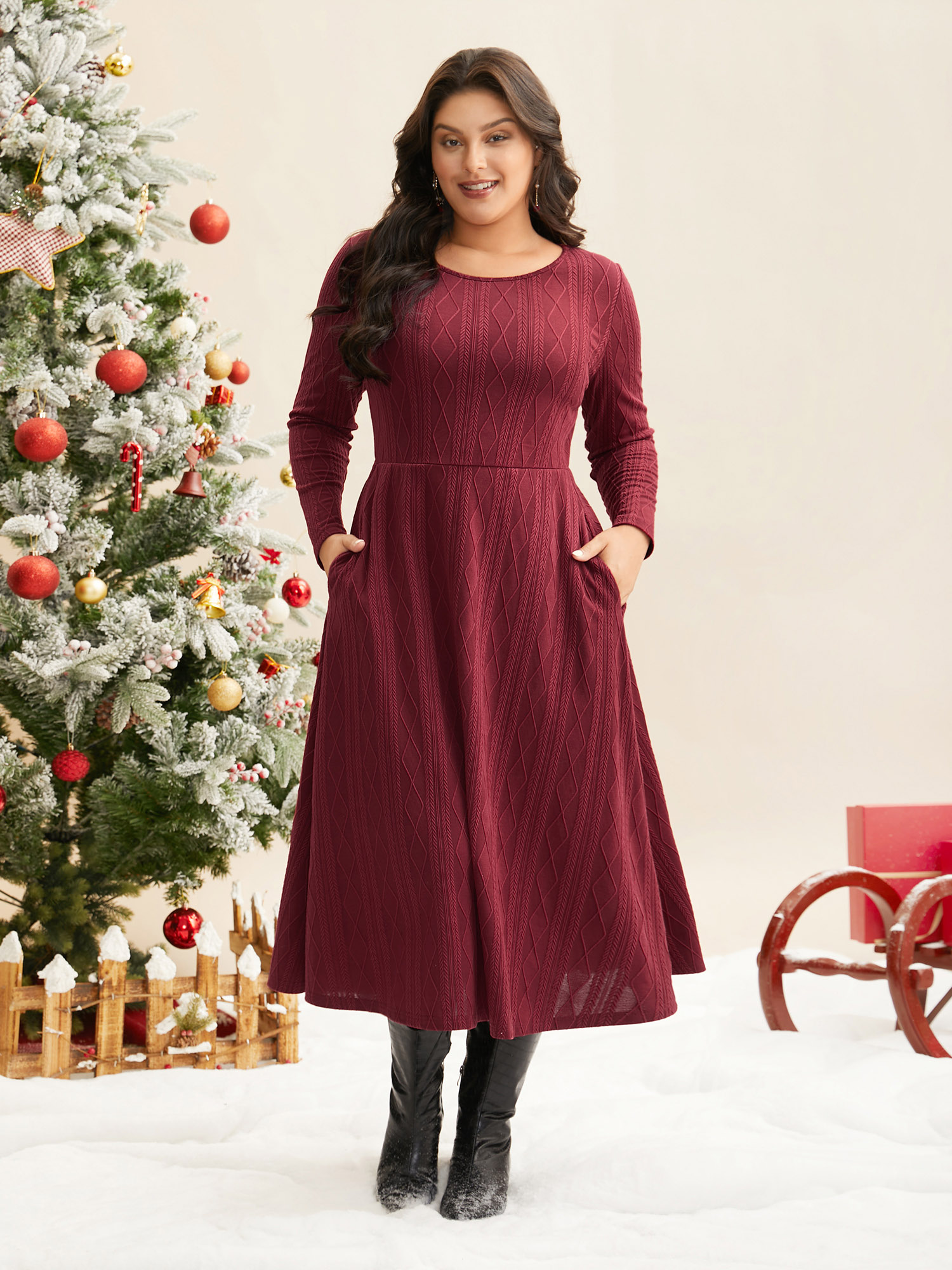 

Plus Size Textured Knit Fit Flare Midi Dress Burgundy Women Casual Texture Round Neck Long Sleeve Curvy BloomChic