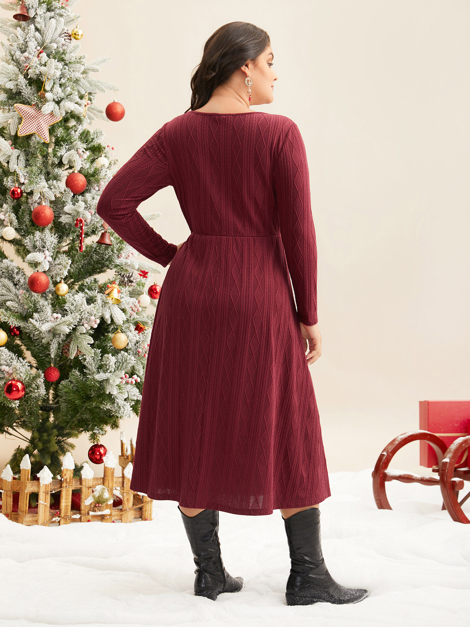 

Plus Size Textured Knit Fit-And-Flare Midi Dress Burgundy Women Casual Texture Round Neck Long Sleeve Curvy BloomChic