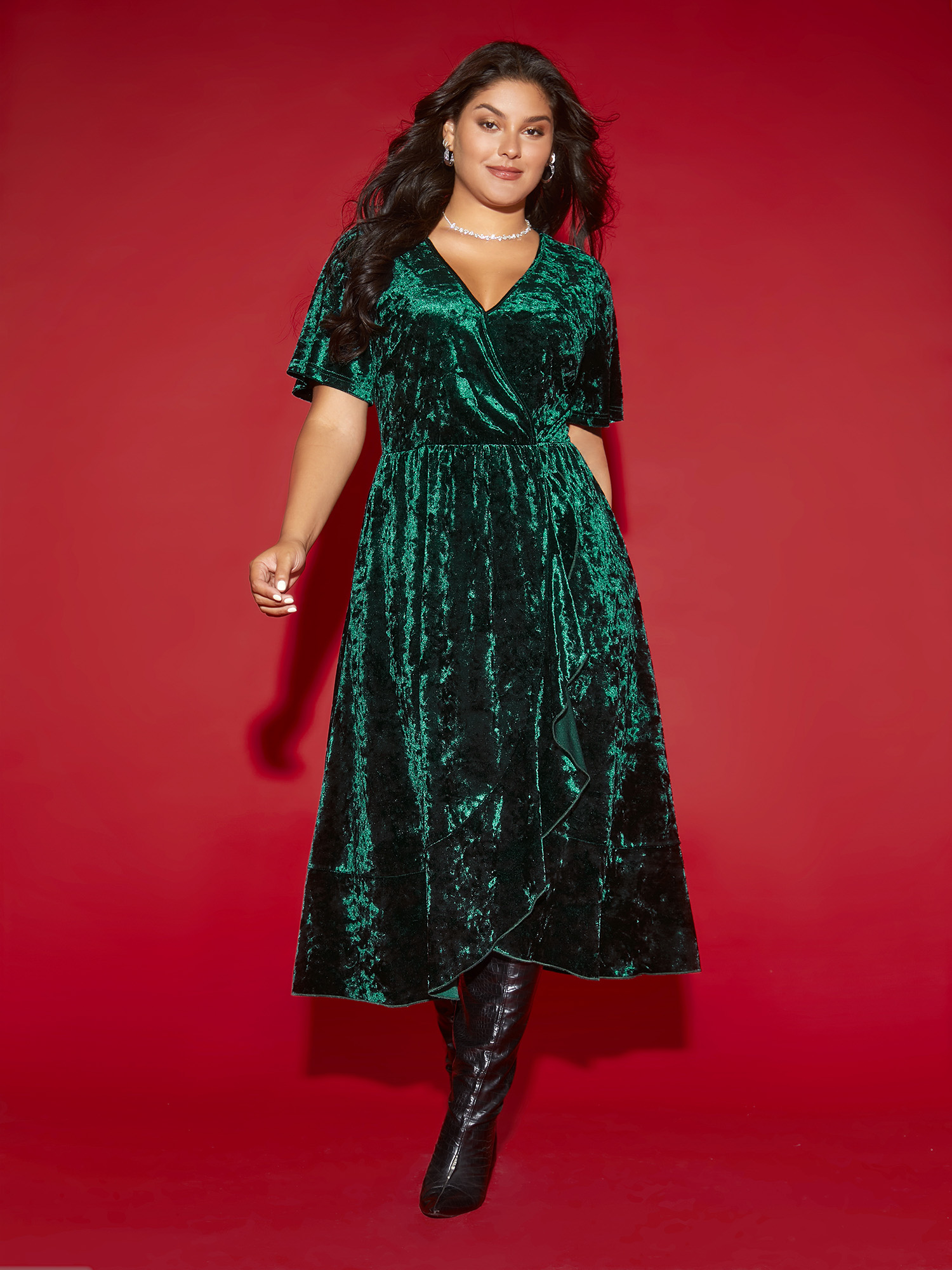 

Plus Size Velvet Surplice Neckline Ruffle Sleeves Midi Dress DarkGreen Women Formal Texture Overlap Collar Short sleeve Curvy BloomChic