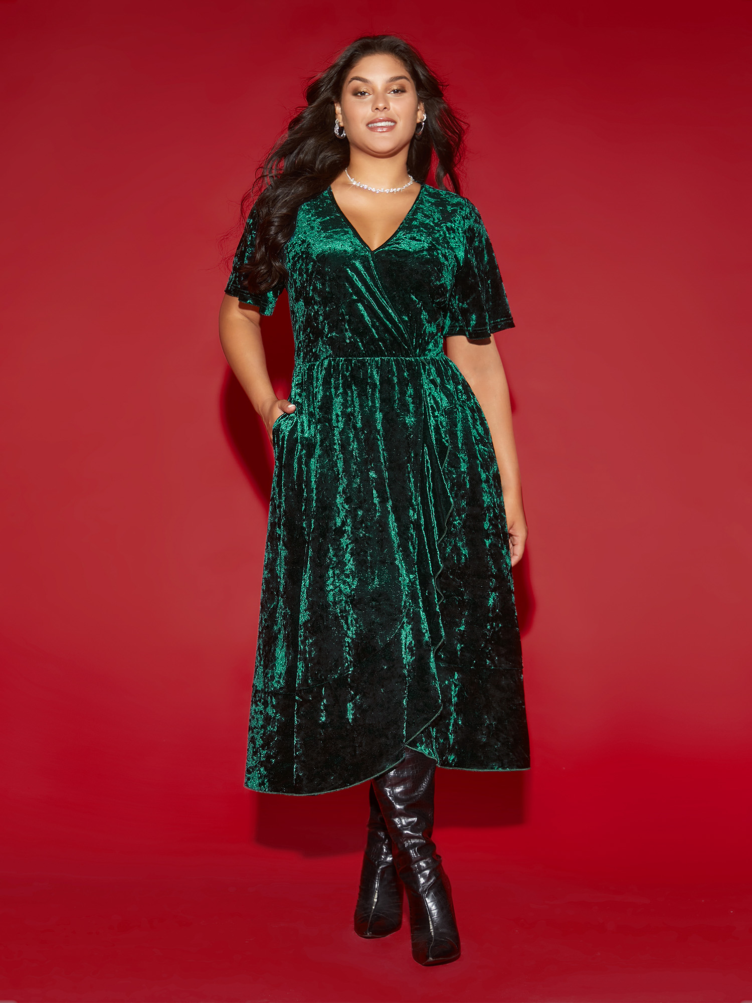 

Plus Size Velvet Surplice Neckline Ruffle Sleeves Midi Dress DarkGreen Women Formal Texture Overlap Collar Short sleeve Curvy BloomChic