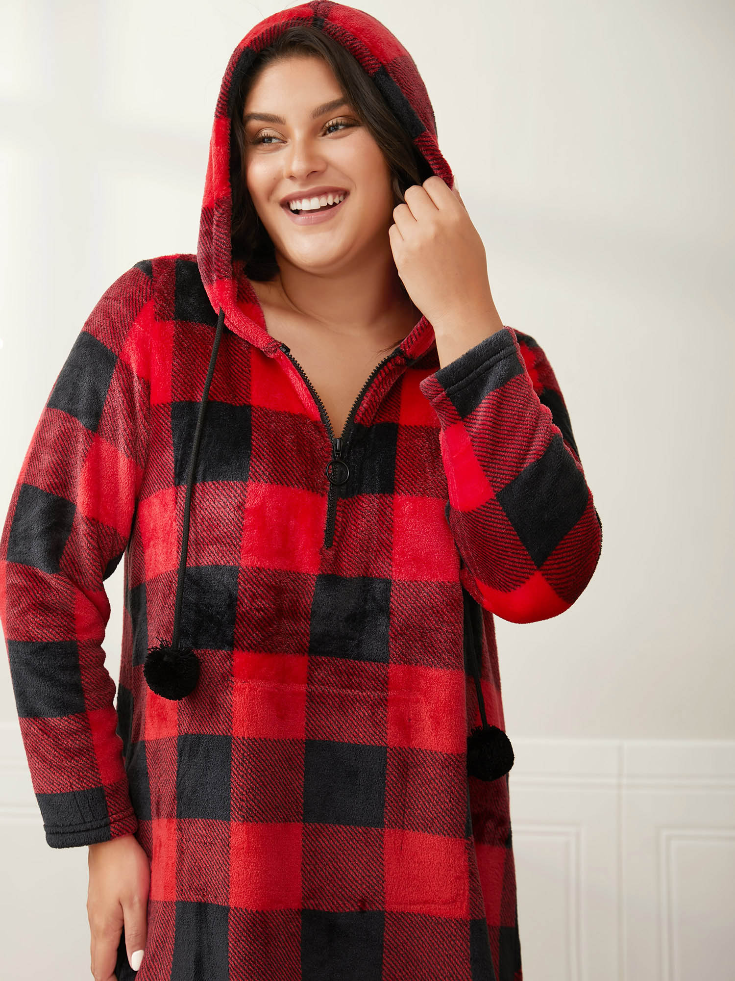 

Plus Size Checkered Hooded Flannel Sleep Midi Dress Burgundy Long Sleeve Hooded Casual Everyday  Bloomchic