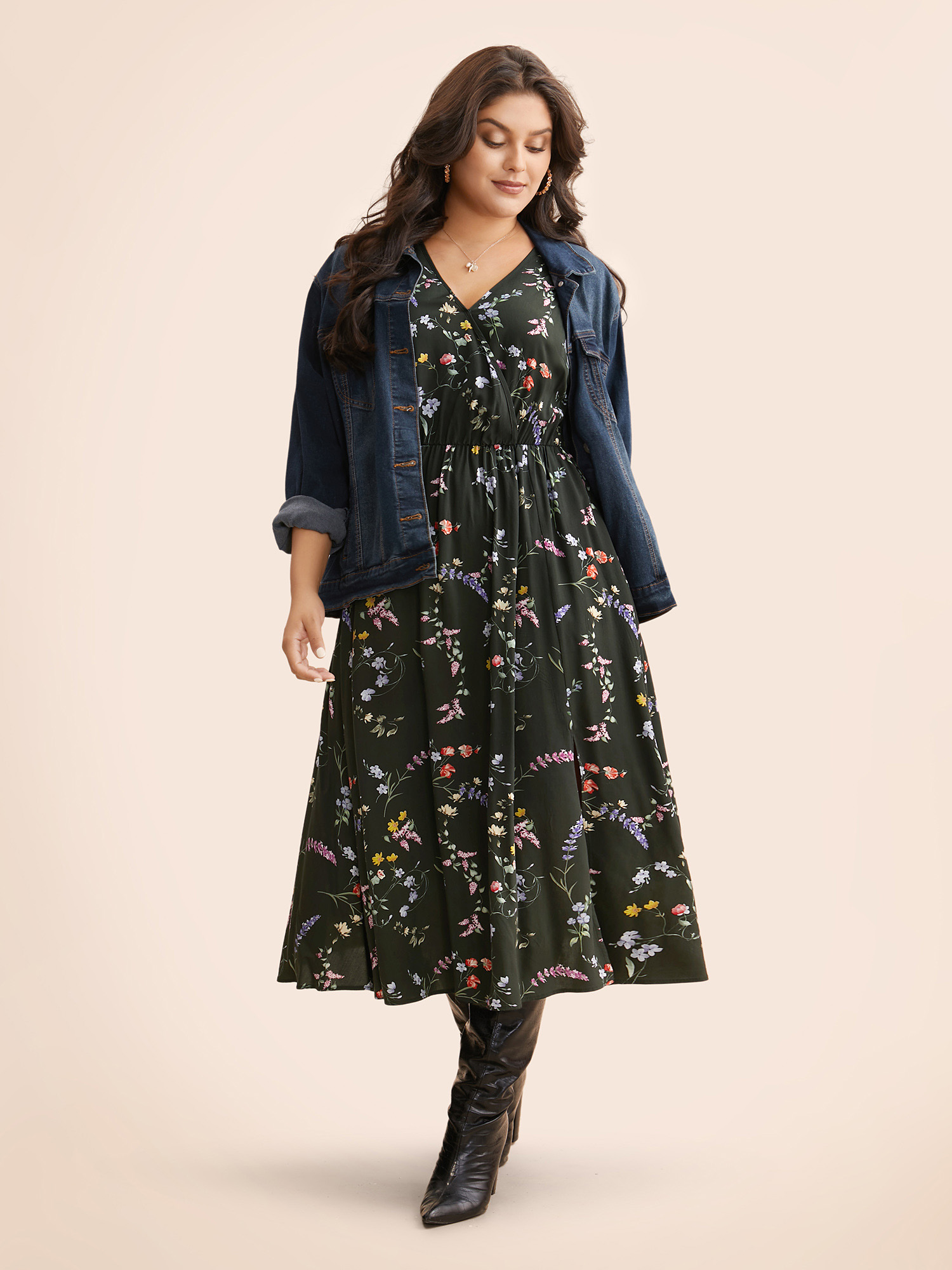 

Plus Size Floral Wrap Ruffle Sleeve Dress DarkGreen Women Elegant Slit Overlap Collar Short sleeve Curvy BloomChic