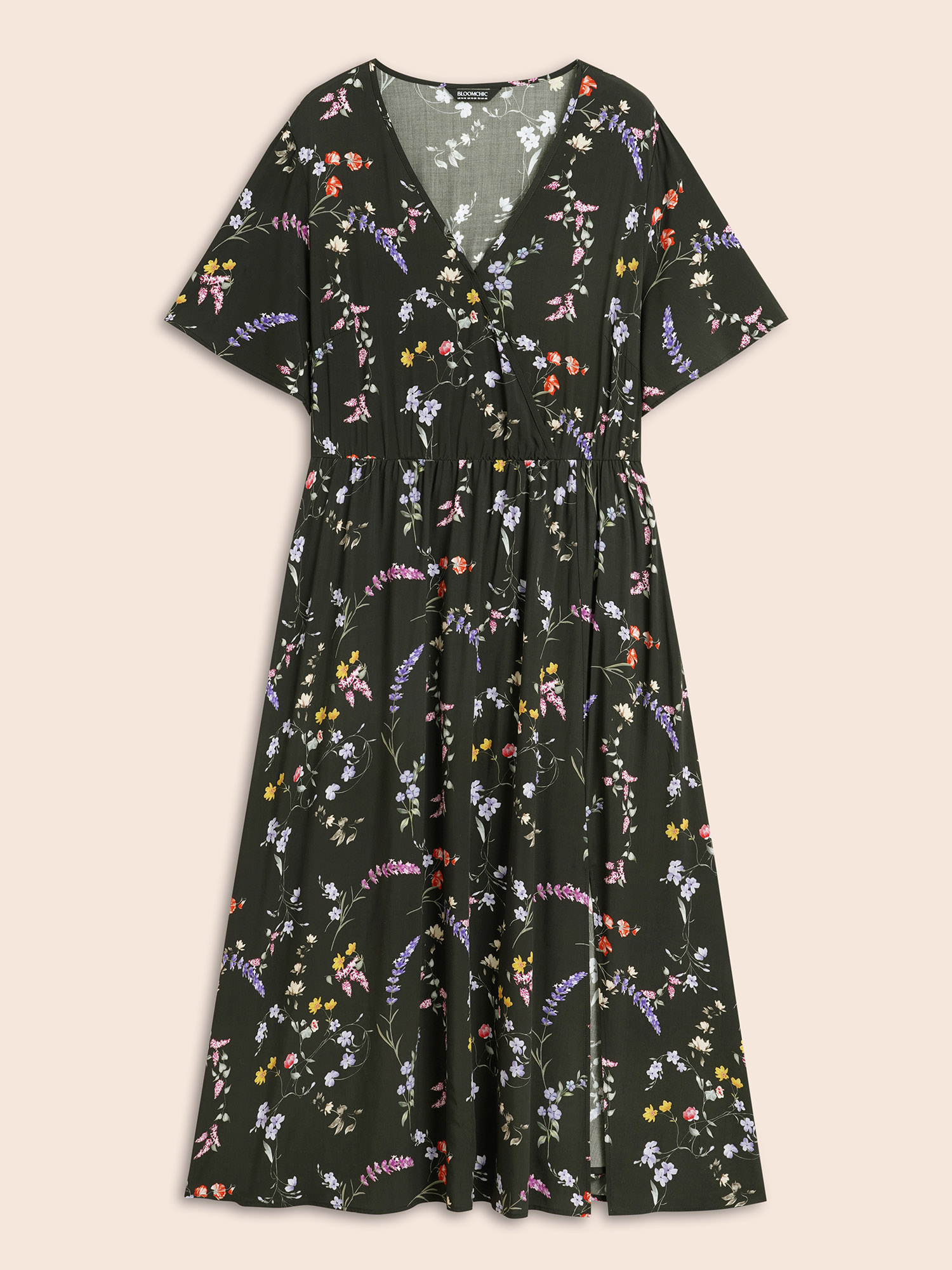 Plus Size Floral Wrap Ruffle Sleeve Dress DarkGreen Women Elegant Slit Overlap Collar Short sleeve Curvy BloomChic 18-20/2X 