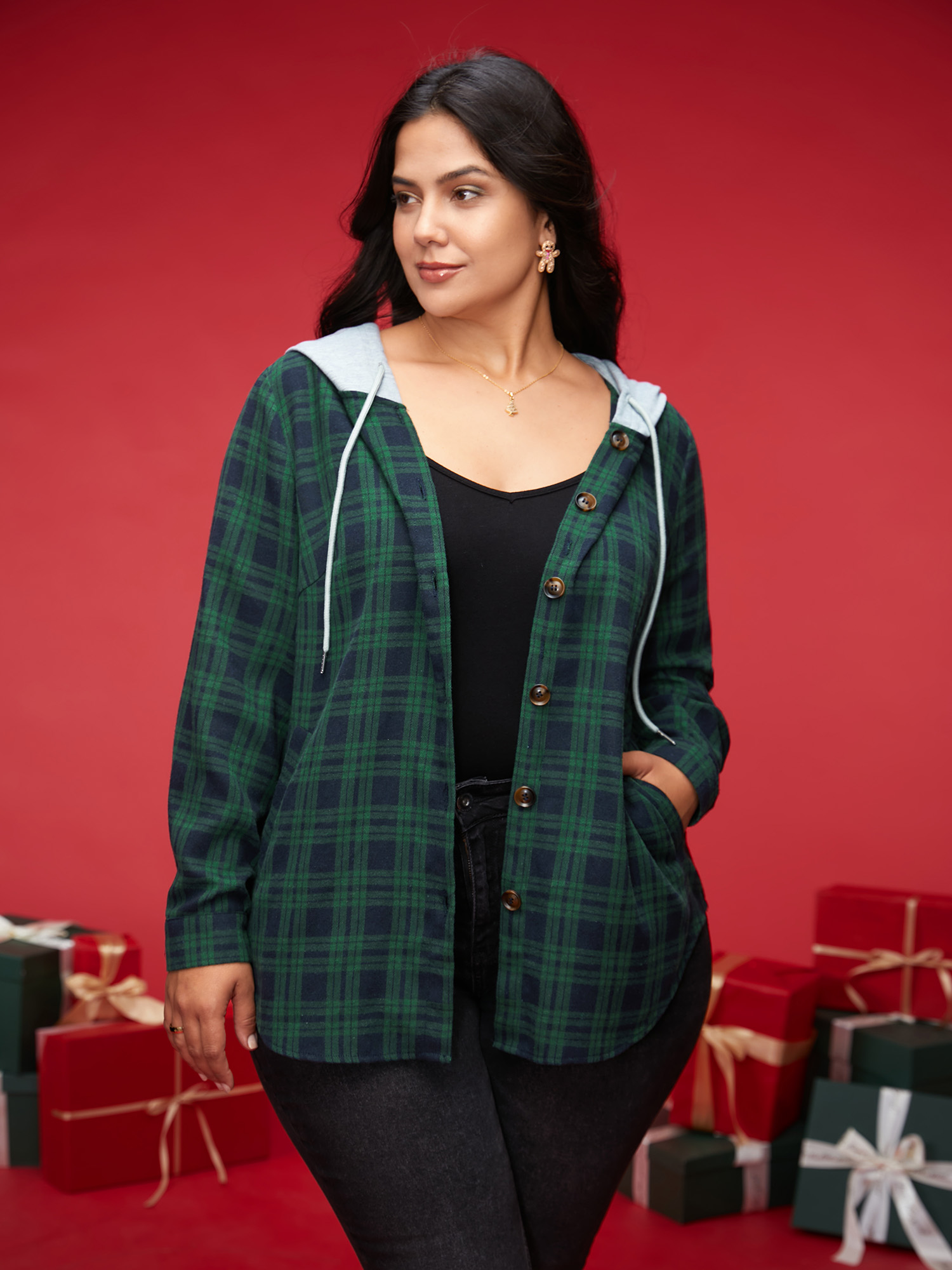 

Plus Size Plaid Hooded Drawstring Jacket Women DarkGreen Contrast Slanted pocket Everyday Jackets BloomChic