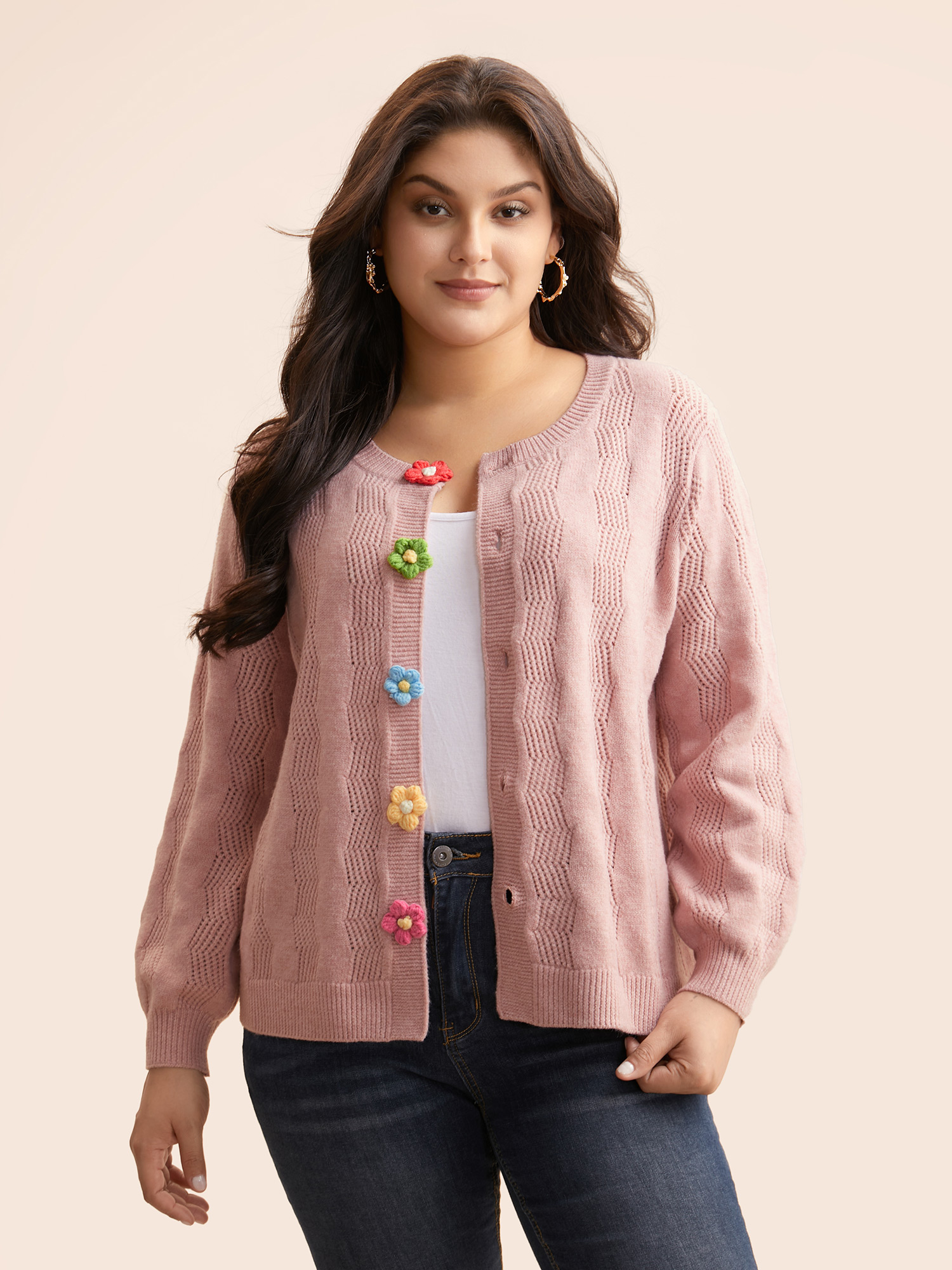 

Plus Size Supersoft Essentials Stereo Flower Design Textured Cardigan Crepe Women Casual Loose Long Sleeve Everyday Cardigans BloomChic