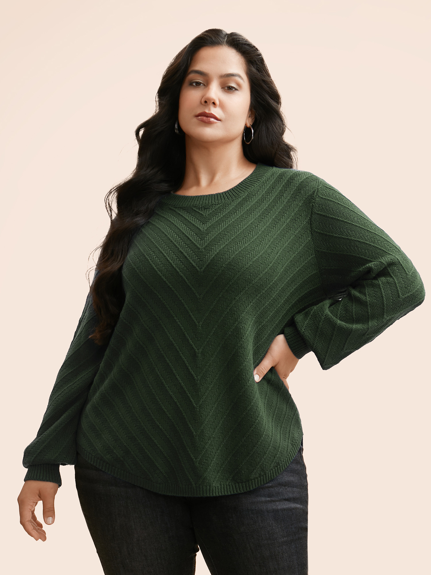 

Plus Size Plain Textured Crew Neck Pullover DarkGreen Women Casual Loose Long Sleeve Boat Neck Everyday Pullovers BloomChic