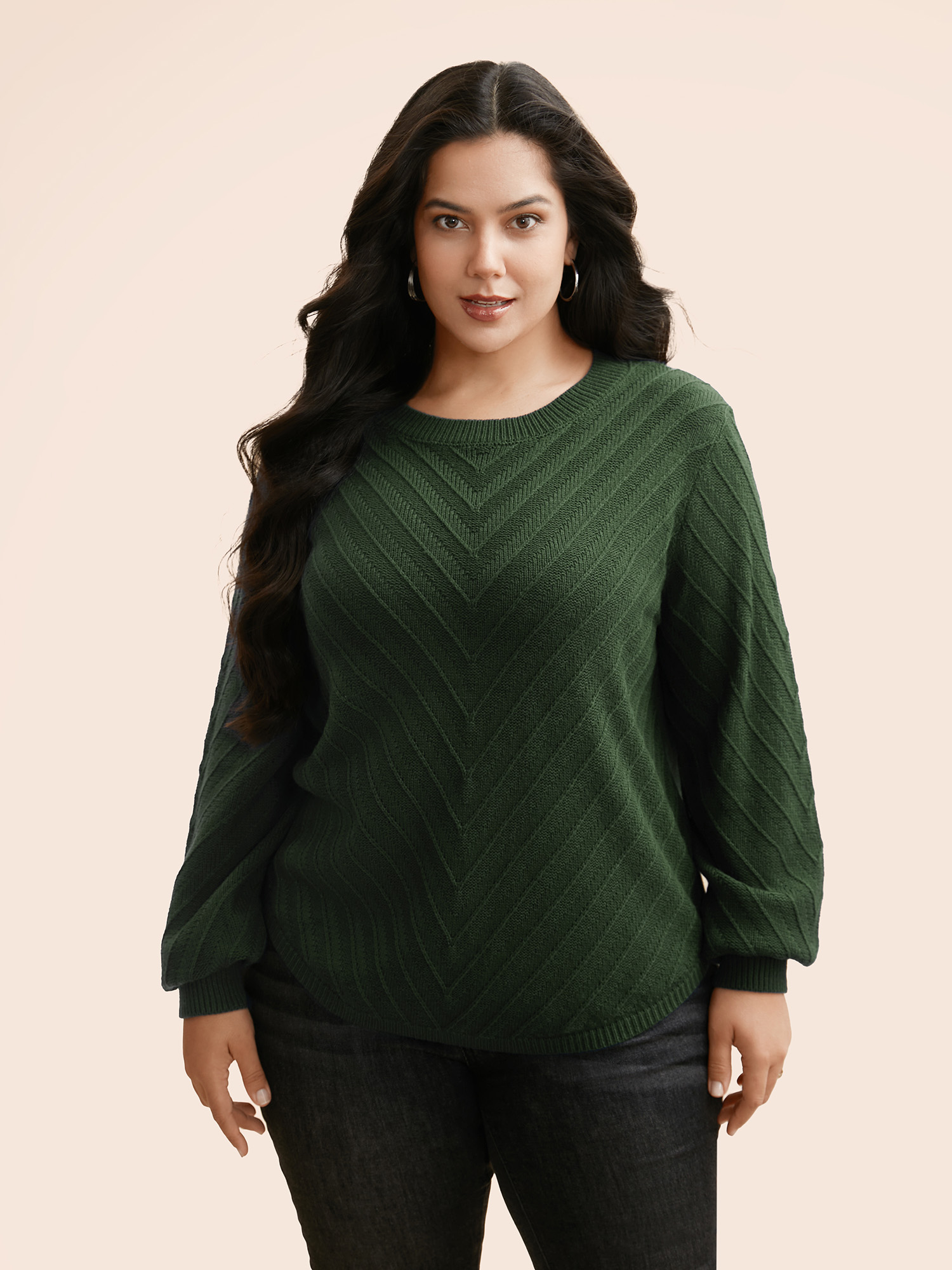 

Plus Size Plain Textured Crew Neck Pullover DarkGreen Women Casual Loose Long Sleeve Boat Neck Everyday Pullovers BloomChic