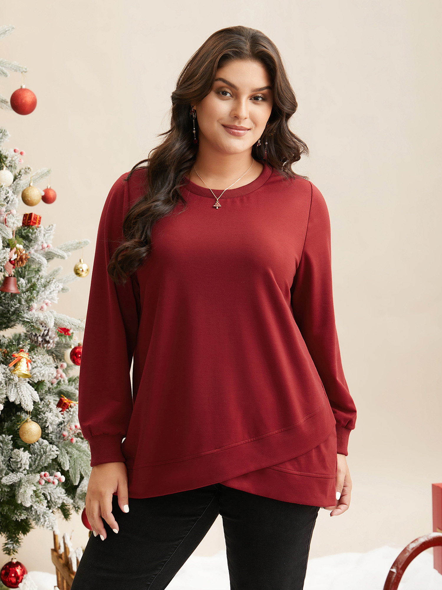 

Plus Size Overlapping Hem Round Neck Sweatshirt Women Burgundy Casual Overlapping Round Neck Everyday Sweatshirts BloomChic