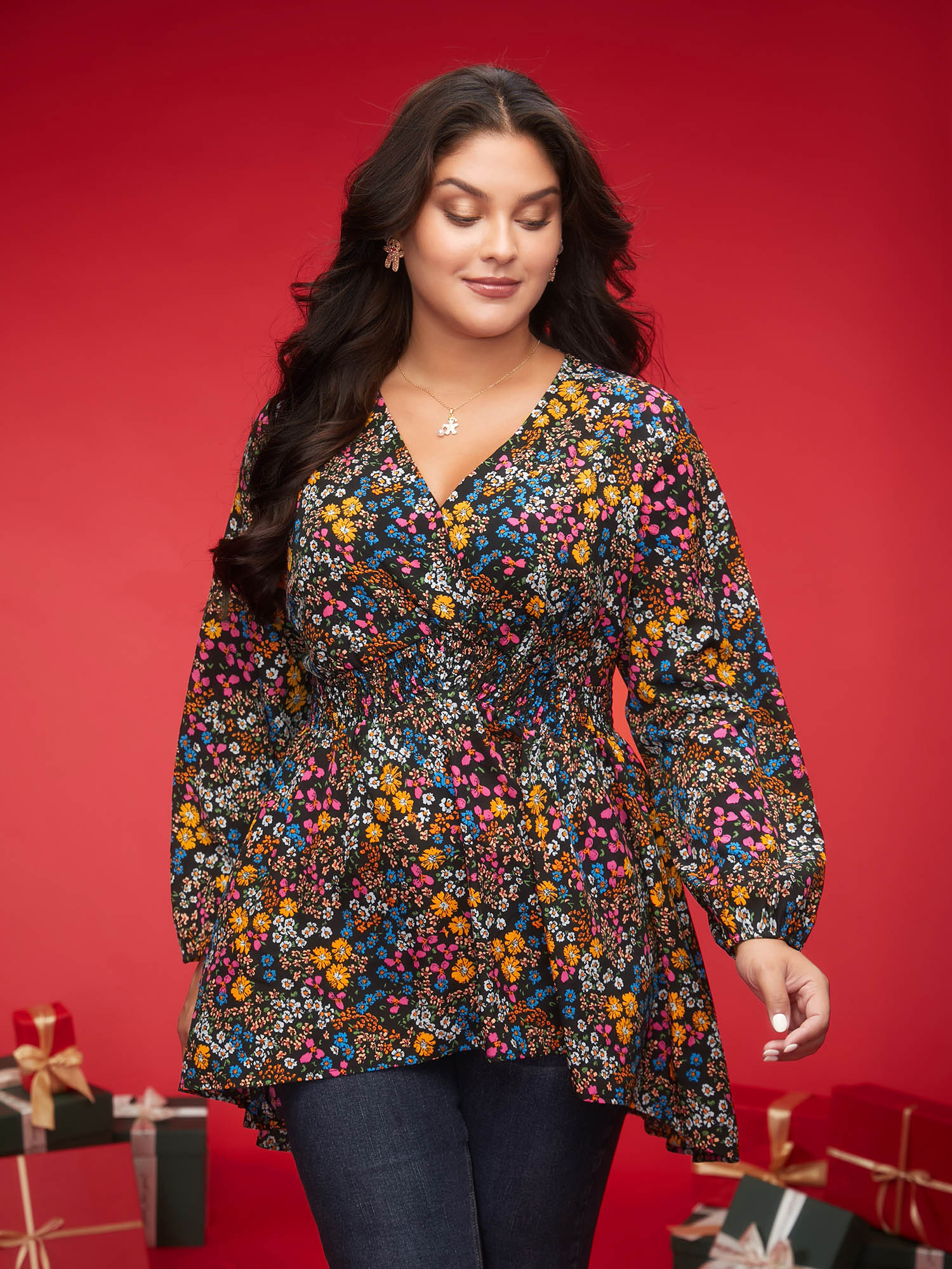 

Plus Size Black Floral Smocked Waistline Surplice Neck Blouse Women Elegant Long Sleeve Overlap Collar Everyday Blouses BloomChic