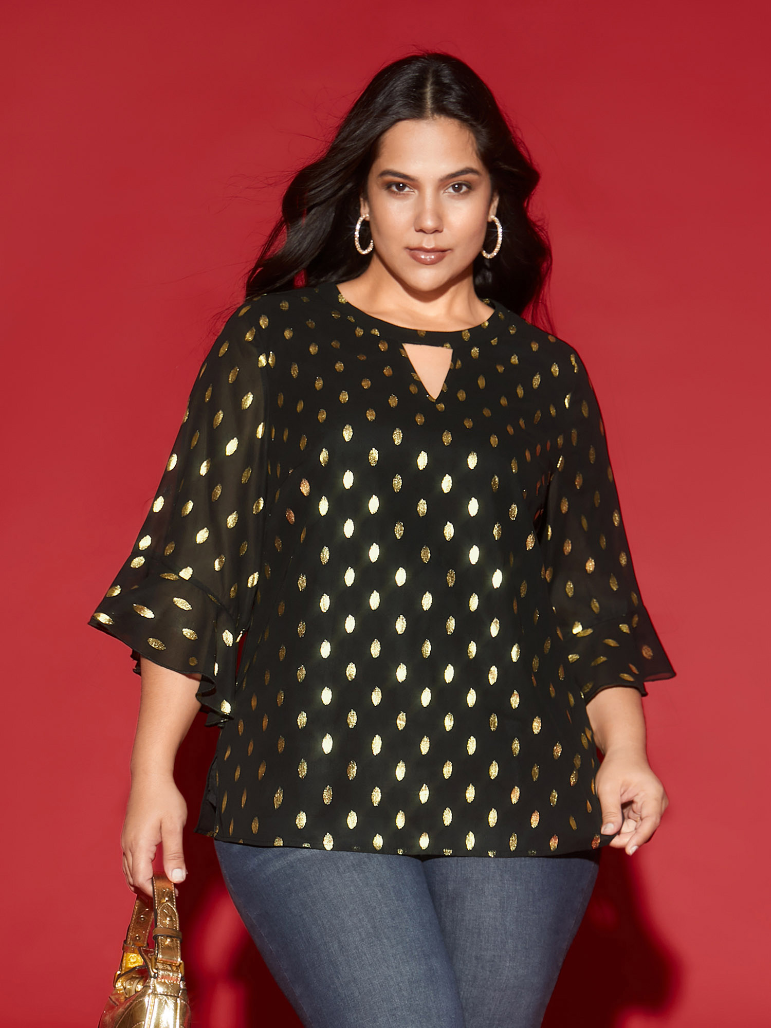 

Plus Size Black Gold Foil Neck Cut-Out Blouse Women Cocktail Elbow-length sleeve Round Neck Party Blouses BloomChic