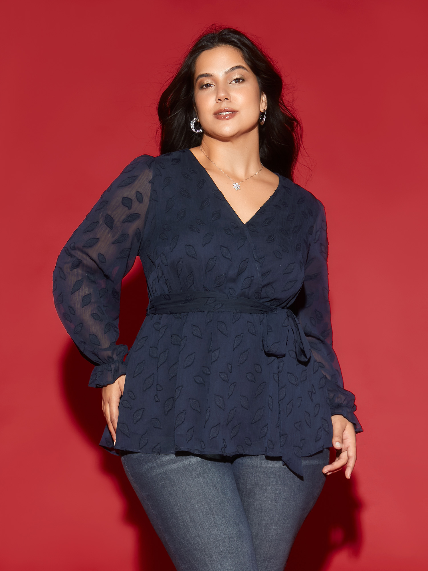 

Plus Size Indigo Burn-out Fabric Surplice Neckline Shirt Women Cocktail Long Sleeve Overlap Collar Party Blouses BloomChic