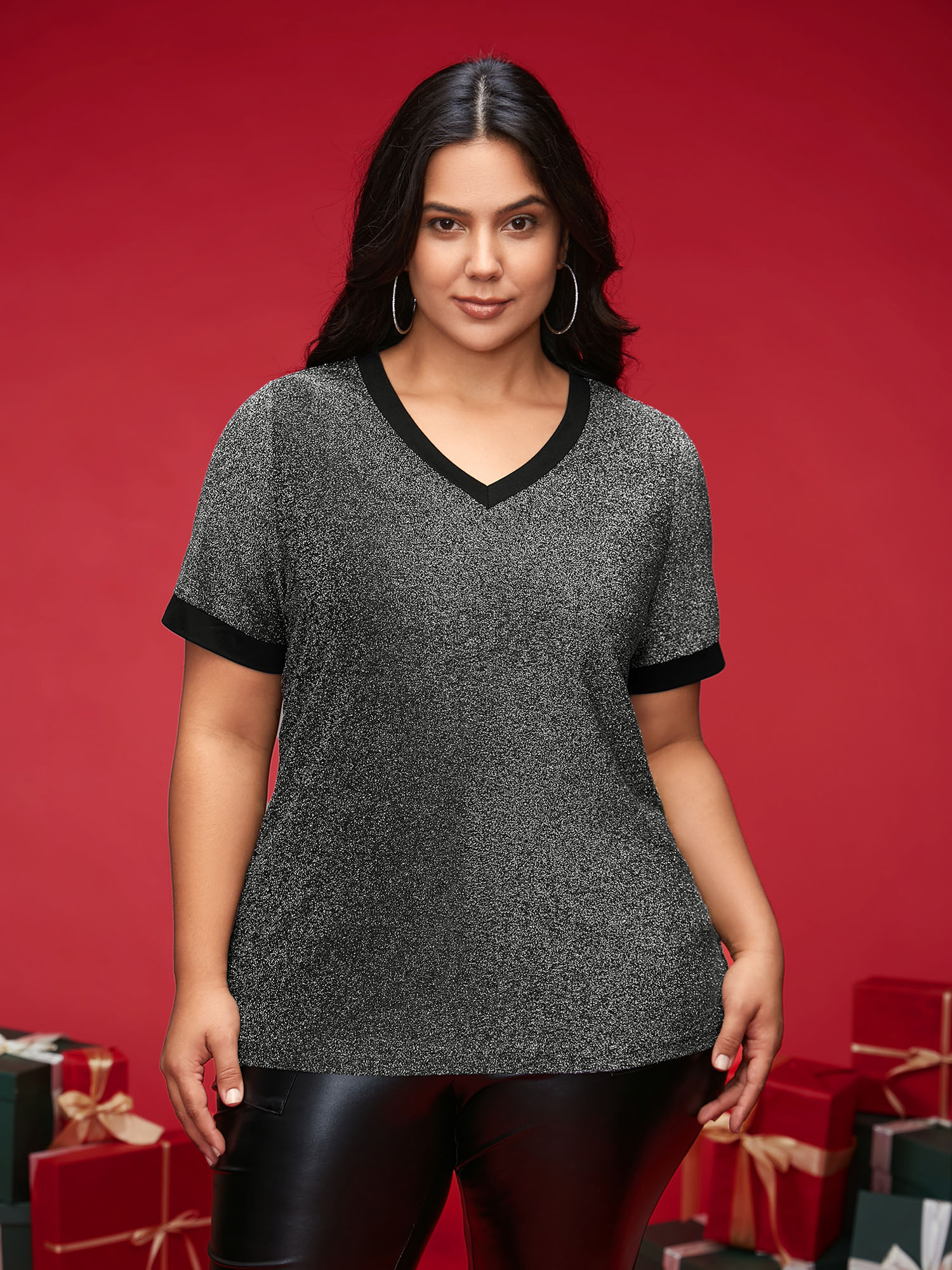 

Plus Size V-Neck Contrast Lurex Slim-Fit Tee Silver Women Casual Contrast V-neck Everyday T-shirts BloomChic