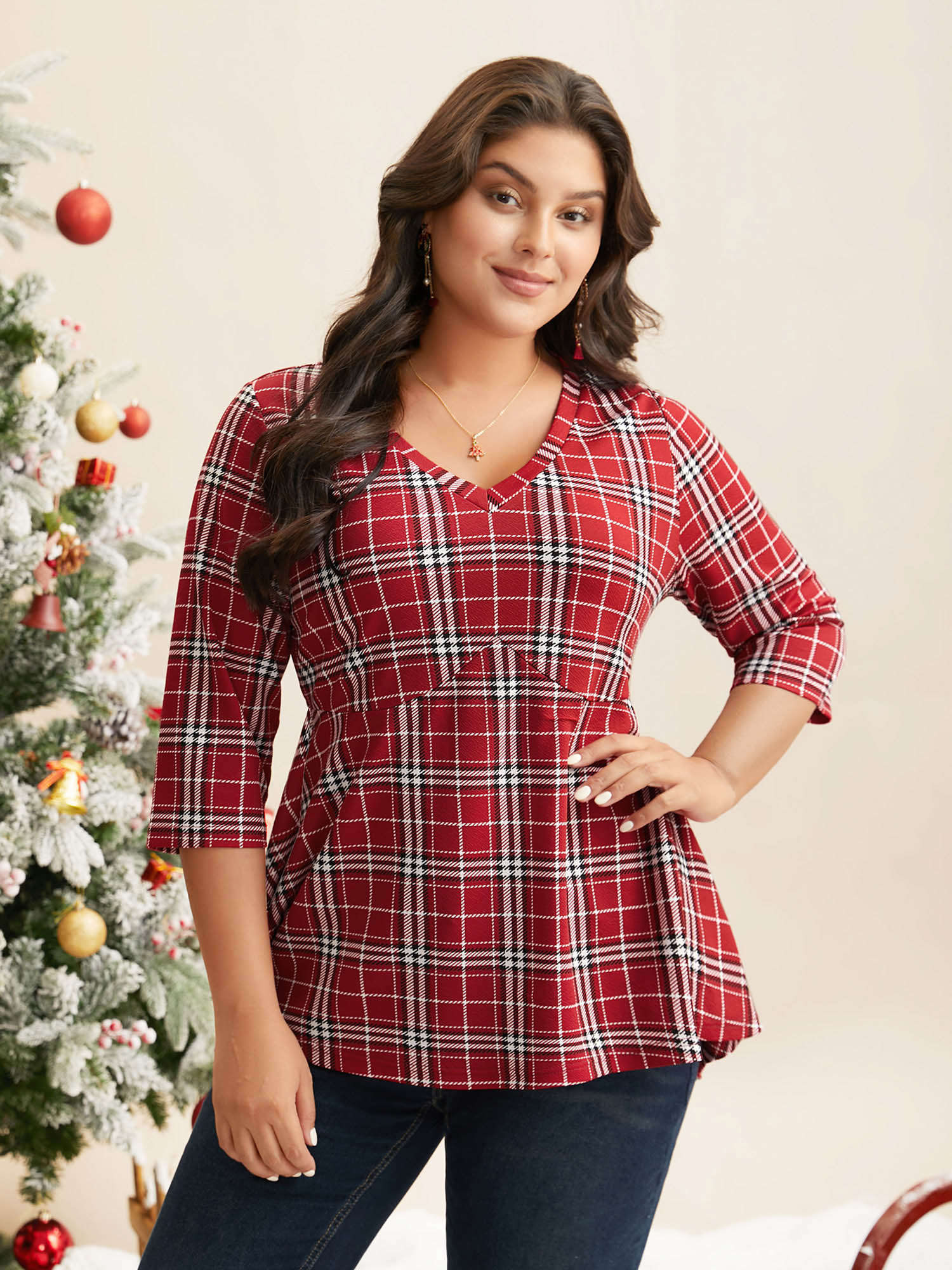 

Plus Size Plaid Quarter-Sleeve Elastic Waist Tee Brightred Women Elegant Non V-neck Bodycon Everyday T-shirts BloomChic